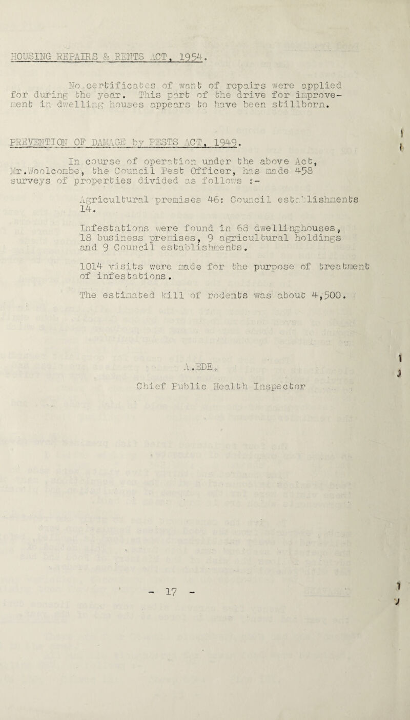 HOUSING REPAIRS & RENTS ACT, 1954-. No certificates of want of repairs were applied for during the year. This part of the drive for improve¬ ment in dwelling houses appears to have been stillborn. PREVENTION OF DAlllGE by PESTS ACT. 1949. In course of operation under the above Act, Mr.Woolcombe■, the Council Pest Officer, has made 458 surveys of properties divided as follows s- Agriculbural premises 46s Council establishments 14. Infestations were found in 68 dwellinghouses, 18 business premises, 9 agricultural holdings and 9 Council establishments. 1014 visits were made for the purpose of treatment of infestations. The estimated kill of rodents was about 4,900. Chief Public Health Inspector