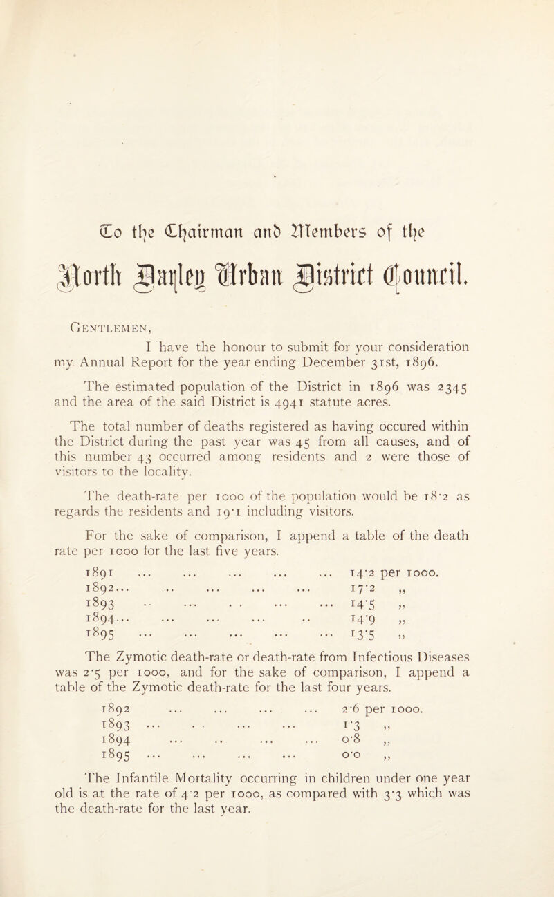 Co the Chairman an!) members of tfye aijtei) Urban jjiatmt Council Gentlemen, I have the honour to submit for your consideration my Annual Report for the year ending December 31st, 1896. The estimated population of the District in 1896 was 2345 and the area of the said District is 4941 statute acres. The total number of deaths registered as having occured within the District during the past year was 45 from all causes, and of this number 43 occurred among residents and 2 were those of visitors to the locality. The death-rate per 1000 of the population would be 18-2 as regards the residents and 19*1 including visitors. For the sake of comparison, rate per 1000 tor the last five years 1891 1892 . 1893 1894... 1895 ••• ••• ••• I append a table of the death 14 2 per 1000. 17-2 „ ... 145 ’i 14-9 >.. ... 135 The Zymotic death-rate or death-rate from Infectious Diseases was 2-5 per 1000, and for the sake of comparison, I append a table of the Zymotic death-rate for the last four years. 1892 t893 1894 1895 • • • 2 -6 per 1000. 1 *3 o-8 O'O The Infantile Mortality occurring in children under one year old is at the rate of 4 2 per 1000, as compared with 3*3 which was the death-rate for the last year.