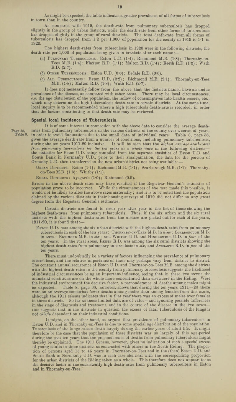 Page 38, Table 8. As might be expected, the table indicates a greater prevalence of all forms of tuberculosis in town than in the country. As compared with 1919, the death-rate from pulmonary tuberculosis has dropped slightly in the group of urban districts, while the death-rate from other forms of tuberculosis has dropped slightly in the group of rural districts. The total death-rate from all forms of tuberculosis has dropped from 1*2 per 1,000 of population for the county in 1919 to 1-1 in 1920. The highest death-rates from tuberculosis in 1920 were in the following districts, the death-rate per 1,000 of population being given in brackets after each name:— (a) Pulmonary Tuberculosis: Eston U.D. (1'4); Richmond M.B. (1*8); Thornaby-on- Tees M.B. (1-4); Flaxton R.D. (1-1); Malton R.D. (1-4); Reeth R.D. (1-3); Wath R.D. (2-7). (b) Other Tuberculosis: Eston U.D. (0*8); Bedale R.D. (0-6). (c) All Tuberculosis: Eston U.D. (2-2); Richmond M.B. (2'1) ; Thornaby-on-Tees M.B. (1-8); Malton R.D. (1-8); Wath R.D. (2-7). It does not necessarily follow from the above that the districts named have an undue prevalence of the disease, as compared with other areas. There may be local circumstances, e.g. the age distribution of the population, the inflow of consumptives into health resorts, etc., which may determine the high tuberculosis death-rate in certain districts. At the same time, local inquiry is to be recommended where a high tuberculosis death-rate is recorded, in order that the factors contributing to that death-rate may be reviewed. Special local incidence of Tuberculosis. It is of some interest in connection with the above data to consider the average death- rates from pulmonary tuberculosis in the various districts of the county over a series of years, in order to avoid fluctuations due to the small data of individual years. Table 8, page 38, gives the average death-rate from a number of conditions, including pulmonary tuberculosis, during the ten years 1911-20 inclusive. It will be seen that the highest average death-rates from -pulmonary tuberculosis for the ten years as a ivhole were in the following districts— the statistics for Eston U.D. being compiled from the separate statistics of Eston U.D. and South Bank in Normanby U.D., prior to their amalgamation, the data for the portion of Ormesby U.D. then transferred to the new urban district not being available:— Urban Districts: Eston (1-4); Richmond M.B. (1-1) ; Scarborough M.B. (1-1); Thornaby- on-Tees M.B. (1*8); Whitby (1*1). Rural Districts : Aysgarth (1-0); Richmond (0.9). Errors in the above death-rates may have resulted if the Registrar General’s estimates of population prove to be incorrect. While the circumstances of the war made this possible, it would not be likely to alter the above rates materially ; and it is to be noted that the population claimed by the various districts in their housing surveys of 1919 did not differ to any great degree from the Registrar General’s estimates. Certain districts are found to recur year after year in the list of those showing the highest death-rates from pulmonary tuberculosis. Thus, if the six urban and the six rural districts with the highest death-rates from the disease are picked out for each of the years, 1911-20, it is found that:— Eston U.D. was among the six urban districts with the highest death-rates from pulmonary tuberculosis in each of the ten years ; Thornaby-on-Tees M.B. in nine ; Scarborough M.B. in seven', Richmond M.B. in six', and Whitby U.D. and Hinderwell U.D. in four of the ten years. In the rural areas, Reeth R.D. was among the six rural districts showing the highest death-rates from pulmonary tuberculosis in six, and Aysgarth R.D. in five of the ten years. There must undoubtedly be a variety of factors influencing the prevalence of pulmonary tuberculosis, and the relative importance of these may perhaps vary from district to district. The constant annual recurrence of Eston U.D. and Thornaby-on-Tees M.B. among the districts with the highest death-rates in the county from pulmonary tuberculosis suggests the likelihood of industrial circumstances being an important influence, seeing that in these two towns the industrial conditions are on the whole more concentrated than elsewhere in the Riding. Were the industrial environment the decisive factor, a preponderance of deaths among males might be expected. Table 8, page 88, however, shows that during the ten years 1911 — 20 there were on an average somewhat fewer deaths among males than among females from this cause, although the 1911 census indicates that in that year there was an excess of males over females in these districts. So far as these limited data are of value—and ignoring possible differences in the stage of diagnosis and treatment, and in the course of the disease in the tw’o sexes— this suggests that in the districts in question the excess of fatal tuberculosis of the lungs is not chiefly dependent on their industrial conditions. It might, on the other hand, be argued that prevalence of pulmonary tuberculosis in Eston U.D. and in Thornaby-on-Tees is due to some special age distribution of the population. Tuberculosis of the lungs causes death largely during the earlier years of adult life. It might therefore be the case that the population of these districts was so largely of this age-period during the past ten years that the preponderence of deaths from pulmonary tuberculosis might thereby be explained. The 1911 Census, however, gives no indication of such a special excess of young adults in these districts as contrasted with others in the North Riding. The propor¬ tion of persons aged 15 to 45 years in Thornaby-on-Tees and in the (then) Eston U.D. and South Bank in Normanby U.D. was in each case identical with the corresponding proportion for the urban districts of the Riding taken as a whole. This therefore does not appear to-be the decisive factor in the consistently high death-rates from pulmonary tuberculosis in Eston and in Thornaby-on-Tees.