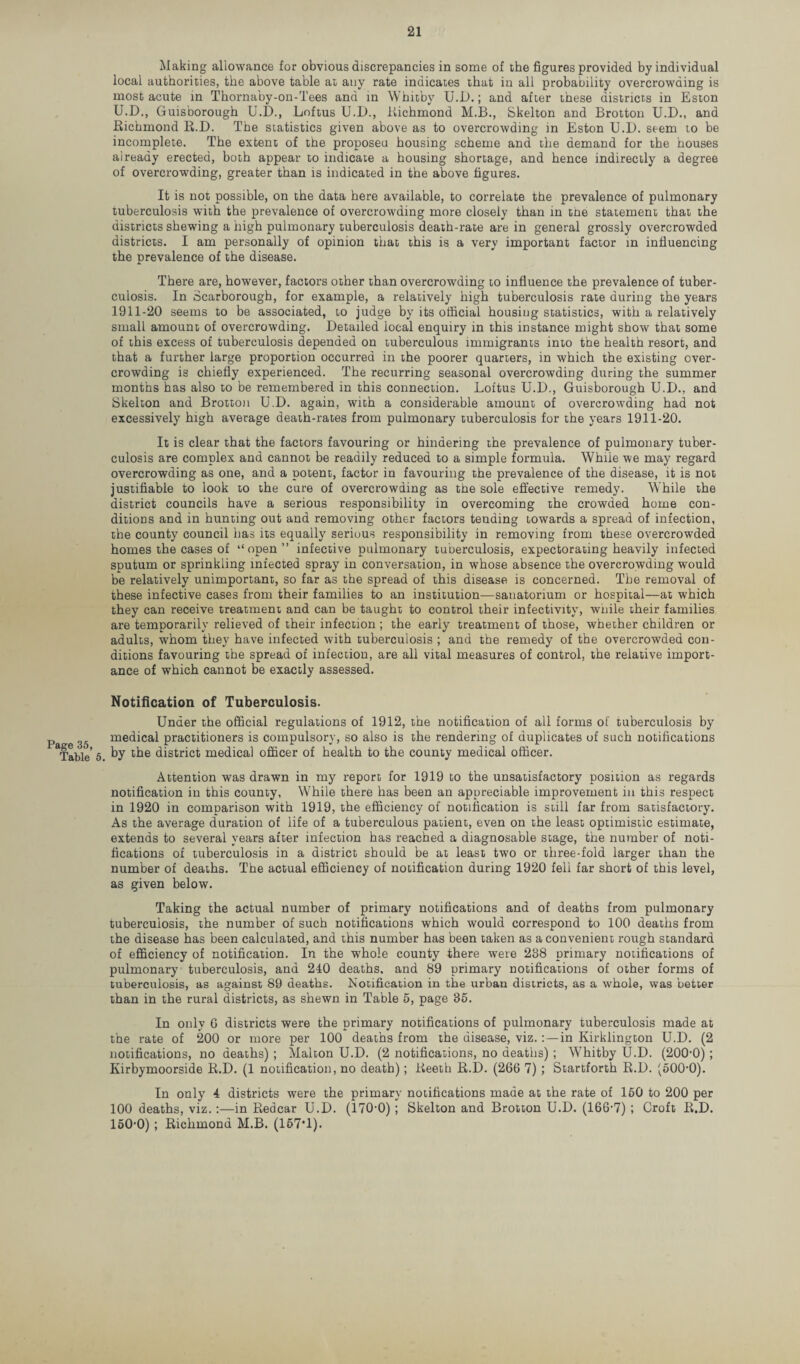 Page 35, Table Making allowance for obvious discrepancies in some of the figures provided by individual local authorities, the above table at any rate indicates that in all probability overcrowding is most acute in Thornaby-on-Tees and in Whitby U.D.; and after these districts in Eston U.D., Guisborough U.D., .Loftus U.D., .Richmond M.B., Skelton and Brotton U.D., and Richmond R.D. The statistics given above as to overcrowding in Eston U.D. seem to be incomplete. The extent of the proposeu housing scheme and the demand for the houses aiready erected, both appear to indicate a housing shortage, and hence indirectly a degree of overcrowding, greater than is indicated in the above figures. It is not possible, on the data here available, to correlate the prevalence of pulmonary tuberculosis with the prevalence of overcrowding more closely than in the statement that the districts shewing a high pulmonary tuberculosis death-rate are in general grossly overcrowded districts. I am personally of opinion that this is a very important factor in influencing the prevalence of the disease. There are, however, factors other than overcrowding to influence the prevalence of tuber¬ culosis. In Scarborough, for example, a relatively high tuberculosis rate during the years 1911-20 seems to be associated, to judge by its official housing statistics, with a relatively small amount of overcrowding. Detailed local enquiry in this instance might show that some of this excess of tuberculosis depended on tuberculous immigrants into the health resort, and that a further large proportion occurred in the poorer quarters, in which the existing over¬ crowding is chiefly experienced. The recurring seasonal overcrowding during the summer months has also to be remembered in this connection. Loftus U.D., Guisborough U.D., and Skelton and Brotton U.D. again, with a considerable amount of overcrowding had not excessively high average death-rates from pulmonary tuberculosis for the years 1911-20. It is clear that the factors favouring or hindering the prevalence of pulmonary tuber¬ culosis are complex and cannot be readily reduced to a simple formula. While we may regard overcrowding as one, and a potent, factor in favouring the prevalence of the disease, it is not justifiable to look to the cure of overcrowding as the sole effective remedy. While the district councils have a serious responsibility in overcoming the crowded home con¬ ditions and in hunting out and removing other factors tending towards a spread of infection, the county council has its equally serious responsibility in removing from these overcrowded homes the cases of “open” infective pulmonary tuberculosis, expectorating heavily infected sputum or sprinkling infected spray in conversation, in whose absence the overcrowding would be relatively unimportant, so far as the spread of this disease is concerned. The removal of these infective cases from their families to an institution—sanatorium or hospital—at which they can receive treatment and can be taught to control their infectivitv, while their families are temporarily relieved of their infection; the early treatment of those, whether children or adults, whom they have infected with tuberculosis ; and the remedy of the overcrowded con¬ ditions favouring the spread of infection, are all vital measures of control, the relative import¬ ance of which cannot be exactly assessed. Notification of Tuberculosis. Under the official regulations of 1912, the notification of all forms of tuberculosis by medical practitioners is compulsory, so also is the rendering of duplicates of such notifications by the district medical officer of health to the county medical officer. Attention was drawn in my report for 1919 to the unsatisfactory position as regards notification in this county, While there has been an appreciable improvement in this respect in 1920 in comparison with 1919, the efficiency of notification is still far from satisfactory. As the average duration of life of a tuberculous patient, even on the least optimistic estimate, extends to several years after infection has reached a diagnosable stage, the number of noti¬ fications of tuberculosis in a district should be at least two or three-fold larger than the number of deaths. The actual efficiency of notification during 1920 feli far short of this level, as given below. Taking the actual number of primary notifications and of deaths from pulmonary tuberculosis, the number of such notifications which would correspond to 100 deaths from the disease has been calculated, and this number has been taken as a convenient rough standard of efficiency of notification. In the whole county there were 238 primary notifications of pulmonary tuberculosis, and 240 deaths, and 89 primary notifications of other forms of tuberculosis, as against 89 deaths. Notification in the urban districts, as a whole, was better than in the rural districts, as shewn in Table 5, page 35. In only 6 districts were the primary notifications of pulmonary tuberculosis made at the rate of 200 or more per 100 deaths from the disease, viz. :—in Kirklington U.D. (2 notifications, no deaths) ; Malton U.D. (2 notifications, no deaths) ; Whitby U.D. (200-0) ; Kirbymoorside R.D. (1 notification, no death); Reeth R.D. (266 7) ; Startforth R.D. (500-0). In only 4 districts were the primary notifications made at the rate of 150 to 200 per 100 deaths, viz.:—in Redcar U.D. (170-0) ; Skelton and Brotton U.D. (166-7) ; Croft R.D. 150-0) ; Richmond M.B. (157‘1).