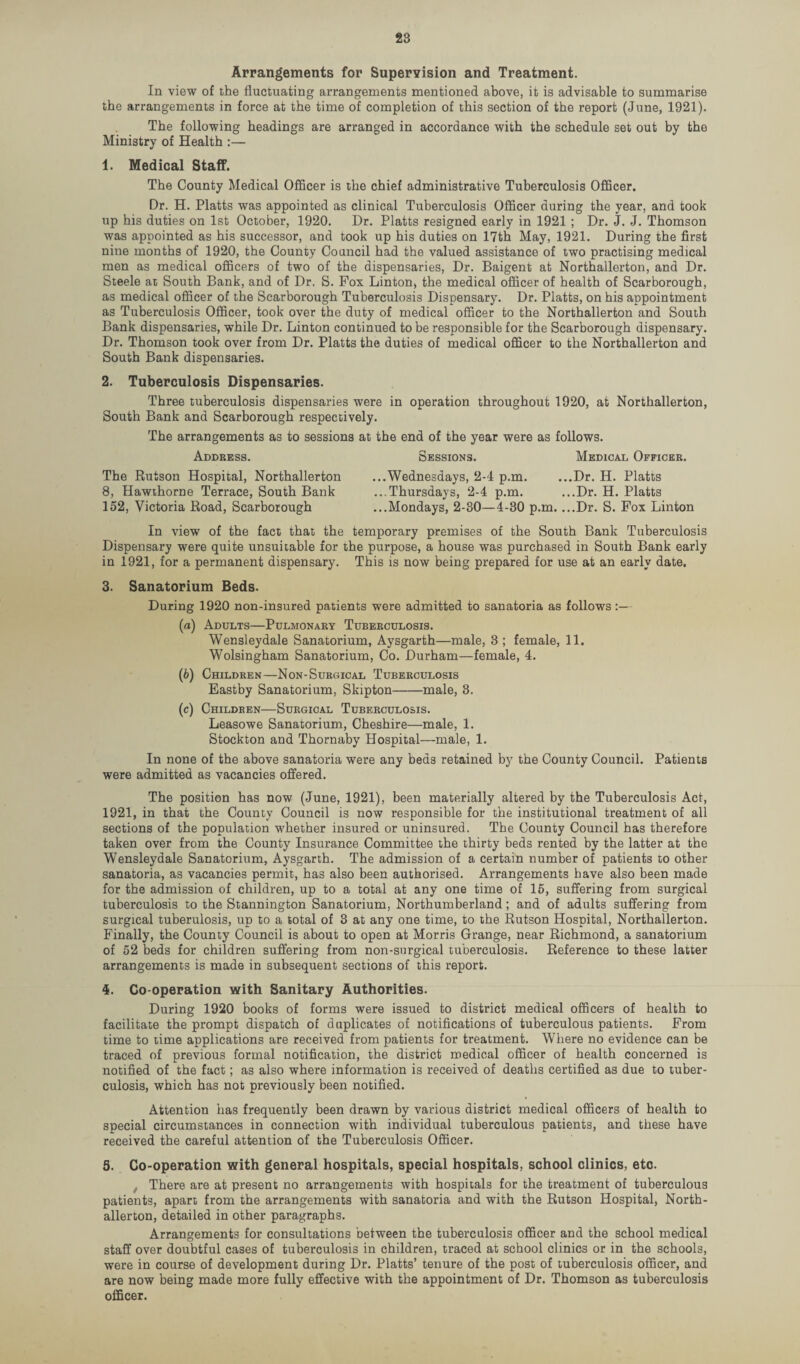 Arrangements for Supervision and Treatment. In view of the fluctuating arrangements mentioned above, it is advisable to summarise the arrangements in force at the time of completion of this section of the report (June, 1921). The following headings are arranged in accordance with the schedule set out by the Ministry of Health :— 1. Medical Staff. The County Medical Officer is the chief administrative Tuberculosis Officer. Dr. H. Platts was appointed as clinical Tuberculosis Officer during the year, and took up his duties on 1st October, 1920. Dr. Platts resigned early in 1921 ; Dr. J. J. Thomson was appointed as his successor, and took up his duties on 17th May, 1921. During the first nine months of 1920, the County Council had the valued assistance of two practising medical men as medical officers of two of the dispensaries, Dr. Baigent at Northallerton, and Dr. Steele at South Bank, and of Dr. S. Fox Linton, the medical officer of health of Scarborough, as medical officer of the Scarborough Tuberculosis Dispensary. Dr. Platts, on his appointment as Tuberculosis Officer, took over the duty of medical officer to the Northallerton and South Bank dispensaries, while Dr. Linton continued to be responsible for the Scarborough dispensary. Dr. Thomson took over from Dr. Platts the duties of medical officer to the Northallerton and South Bank dispensaries. 2. Tuberculosis Dispensaries. Three tuberculosis dispensaries were in operation throughout 1920, at Northallerton, South Bank and Scarborough respectively. The arrangements as to sessions at the end of the year were as follows. Address. Sessions. Medical Officer. The Hutson Hospital, Northallerton 8, Hawthorne Terrace, South Bank 152, Victoria Road, Scarborough ...Wednesdays, 2-4 p.m. ...Dr. H. Platts ...Thursdays, 2-4 p.m. ...Dr. H. Platts ...Mondays, 2-30—4-30 p.m. ...Dr. S. Fox Linton In view of the fact that the temporary premises of the South Bank Tuberculosis Dispensary were quite unsuitable for the purpose, a house was purchased in South Bank early in 1921, for a permanent dispensary. This is now being prepared for use at an early date. 3. Sanatorium Beds. During 1920 non-insured patients were admitted to sanatoria as follows (a) Adults—Pulmonary Tuberculosis. Wensleydale Sanatorium, Aysgarth—male, 3 ; female, 11. Wolsingham Sanatorium, Co. Durham—female, 4. (b) Children—Non-Surgical Tuberculosis Eastby Sanatorium, Skipton-male, 3. (c) Children—Surgical Tuberculosis. Leasowe Sanatorium, Cheshire—male, 1. Stockton and Thornaby Hospital—male, 1. In none of the above sanatoria were any beds retained by the County Council. Patients were admitted as vacancies offered. The position has now (June, 1921), been materially altered by the Tuberculosis Act, 1921, in that the County Council is now responsible for the institutional treatment of all sections of the population whether insured or uninsured. The County Council has therefore taken over from the County Insurance Committee the thirty beds rented by the latter at the Wensleydale Sanatorium, Aysgarth. The admission of a certain number of patients to other sanatoria, as vacancies permit, has also been authorised. Arrangements have also been made for the admission of children, up to a total at any one time of 15, suffering from surgical tuberculosis to the Stannington Sanatorium, Northumberland; and of adults suffering from surgical tuberulosis, up to a total of 3 at any one time, to the Rutson Hospital, Northallerton. Finally, the County Council is about to open at Morris Grange, near Richmond, a sanatorium of 52 beds for children suffering from non-surgical tuberculosis. Reference to these latter arrangements is made in subsequent sections of this report. 4. Co-operation with Sanitary Authorities. During 1920 books of forms were issued to district medical officers of health to facilitate the prompt dispatch of duplicates of notifications of tuberculous patients. From time to time applications are received from patients for treatment. Where no evidence can be traced of previous formal notification, the district medical officer of health concerned is notified of the fact; as also where information is received of deaths certified as due to tuber¬ culosis, which has not previously been notified. Attention has frequently been drawn by various district medical officers of health to special circumstances in connection with individual tuberculous patients, and these have received the careful attention of the Tuberculosis Officer. S. Co-operation with general hospitals, special hospitals, school clinics, etc. t There are at present no arrangements with hospitals for the treatment of tuberculous patients, apart from the arrangements with sanatoria and with the Rutson Hospital, North¬ allerton, detailed in other paragraphs. Arrangements for consultations between the tuberculosis officer and the school medical staff over doubtful cases of tuberculosis in children, traced at school clinics or in the schools, were in course of development during Dr. Platts’ tenure of the post of tuberculosis officer, and are now being made more fully effective with the appointment of Dr. Thomson as tuberculosis officer.