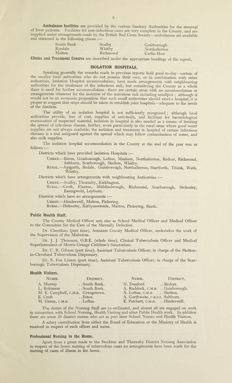 Ambulance facilities are provided by the various Sanitary Authorities for the removal of fever patients. Facilities for non-infectious cases are very complete in the County, and are supplied under arrangements made by the British Red Cross Society—ambulances are available and stationed in the following places :— South Bank Scalby Guisborough Ryedale Whitby Northallerton Malton Richmond Carlin How Clinics and Treatment Centres are described under the appropriate headings of the report. ISOLATION HOSPITALS. Speaking generally the remarks made in previous reports hold good to-day—certain of the smaller local authorities who do not possess their own, or in combination with other authorities. Isolation Hospital accommodation, have made arrangements with neighbouring authorities for the treatment of the infectious sick, but considering the County as a whole there is need for further accommodation^—there are certain areas with no accommodation or arrangements whatever for the isolation of the infectious sick including smallpox ; although it would not be an economic proposition that such small authorities should erect a hospital, it is proper to suggest that steps should be taken to establish joint hospitals—adequate to the needs of the districts. The utility of an isolation hospital is not sufficiently recognised ; although local authorities provide, free of cost, supplies of anti-toxin, and facilities for bacteriological examination of suspected material, isolation in hospital is also needed as a means of limiting the spread of infectious disease, further, more particularly in the rural areas where good water supplies are not always available, the isolation and treatment in hospital of certain infectious diseases is a real safeguard against the spread which may follow contamination of water, and also milk supplies. The isolation hospital accommodation in the County at the end of the year was as follows ;— Districts which have provided Isolation Hospitals ;— Urban.—Eston, Guisborough, Loftus, Masham, Northallerton, Redcar, Richmond, Saltburn, Scarborough, Skelton, Whitby. Rural.—Aysgarth, Bedale, Guisborough, Northallerton, Startforth, Thirsk, Wath, Whitby. Districts which have arrangements with neighbouring Authorities :— Urban.—Scalby, Thornaby, Kirklington. Rural.—Croft, Flaxton, Middlesbrough, Richmond, Scarborough, Stokesley, Easingwold, Leyburn. Districts which have no arrangements :— Urban.—Hinderwell, Malton, Pickering. Rural.—Helmsley, Kirbymoorside, Malton, Pickering, Reeth. Public Health Staff. The County Medical Officer acts also as School Medical Officer and Medical Officer to the Committee for the Care of the Mentally Defective. Dr. Cheetham (part time). Assistant County Medical Officer, undertakes the work of the Supervision of the Mid wives. Dr. J. J. Thomson, O.B.E. (whole time). Clinical Tuberculosis Officer and Medical Superintendent of Morris Grange Children’s Sanatorium. Dr. C. R. Gibson (part time). Assistant Tuberculosis Officer, in charge of the Skelton- in-Cleveland Tuberculosis Dispensary. Dr. S. Fox Linton (part time). Assistant Tuberculosis Officer, in charge of the Scar¬ borough Tuberculosis Dispensary. Health Visitors. Nurse. District. A. Murray ..South Bank. L. Robinson . .South Bank. M. E. Campbell, c.m.b. Grangetown. E. Croft ..Eston. M. Green, c.m.b. . .Loftus. Nurse. District. N. Dunford ..Redcar. A. Ruddock, c.m.b. . .Guisborough. A. Loftus, C.M.B. ..Skelton. A. Garthwaite, c.r.S.1. Saltburn. E. Patchett, C.M.B. ..Hinderwell. The duties of the Nursing Staff are co-ordinated, and almost all are engaged on work in connection with School Nursing, Health Visiting and other Public Health work. In addition there are some 38 district nurses who act as part time School Nurses and Health Visitors. A salary contribution from either the Board of Education or the Ministry of Health is received in respect of each officer and nurse. Professional Nursing in the Home. Apart from a grant made to the Stockton and Thornaby District Nursing Association in respect of the home nursing of tuberculous cases no arrangements have been made for the nursing of cases of illness in the home.