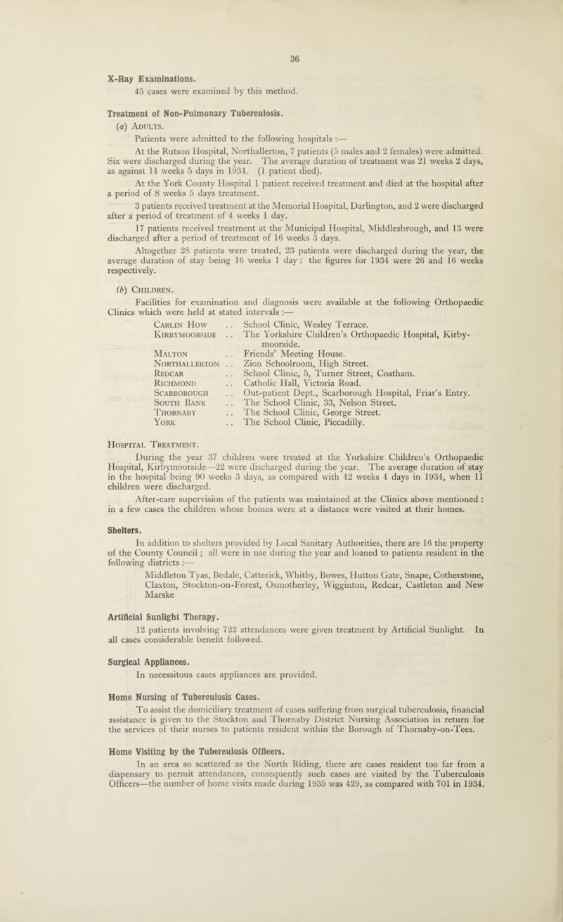X-Ray Examinations. 45 cases were examined by this method. Treatment of Non-Pulmonary Tuberculosis. (a) Adults. Patients were admitted to the following hospitals :— At the Rutson Hospital, Northallerton, 7 patients (5 males and 2 females) were admitted. Six were discharged during the year. The average duration of treatment was 21 weeks 2 days, as against 14 weeks 5 days in 1934. (1 patient died). At the York County Hospital 1 patient received treatment and died at the hospital after a period of 8 weeks 5 days treatment. 3 patients received treatment at the Memorial Hospital, Darlington, and 2 were discharged after a period of treatment of 4 weeks 1 day. 17 patients received treatment at the Municipal Hospital, Middlesbrough, and 13 were discharged after a period of treatment of 16 weeks 3 days. Altogether 28 patients were treated, 23 patients were discharged during the year, the average duration of stay being 16 weeks 1 day : the figures for 1934 were 26 and 16 weeks respectively. (b) Children. Facilities for examination and diagnosis were available at the following Orthopaedic Clinics which were held at stated intervals :— Carlin How Kirbymoorside MALTON Northallerton Redcar Richmond Scarborough South Bank Thornaby York School Clinic, Wesley Terrace. The Yorkshire Children’s Orthopaedic Hospital, Kirby¬ moorside. Friends’ Meeting House. Zion Schoolroom, High Street. School Clinic, 5, Turner Street, Coatham. Catholic Hall, Victoria Road. Out-patient Dept., Scarborough Hospital, Friar’s Entry. The School Clinic, 33, Nelson Street. The School Clinic, George Street. The School Clinic, Piccadilly. Hospital Treatment. During the year 37 children were treated at the Yorkshire Children’s Orthopaedic Hospital, Kirbymoorside—22 were discharged during the year. The average duration of stay in the hospital being 90 weeks 3 days, as compared with 42 weeks 4 days in 1934, when 11 children were discharged. After-care supervision of the patients was maintained at the Clinics above mentioned : in a few cases the children whose homes were at a distance were visited at their homes. Shelters. In addition to shelters provided by Local Sanitary Authorities, there are 16 the property of the County Council ; all were in use during the year and loaned to patients resident in the following districts :— Middleton Tyas, Bedale, Catterick, Whitby, Bowes, Hutton Gate, Snape, Cotherstone, Claxton, Stockton-on-Forest, Osmotherley, Wigginton, Redcar, Castleton and New Marske Artificial Sunlight Therapy. 12 patients involving 722 attendances were given treatment by Artificial Sunlight. In all cases considerable benefit followed. Surgical Appliances. In necessitous cases appliances are provided. Home Nursing of Tuberculosis Cases. To assist the domiciliary treatment of cases suffering from surgical tuberculosis, financial assistance is given to the Stockton and Thornaby District Nursing Association in return for the services of their nurses to patients resident within the Borough of Thornaby-on-Tees. Home Visiting by the Tuberculosis Officers. In an area so scattered as the North Riding, there are cases resident too far from a dispensary to permit attendances, consequently such cases are visited by the Tuberculosis Officers—the number of home visits made during 1935 was 429, as compared with 701 in 1934.