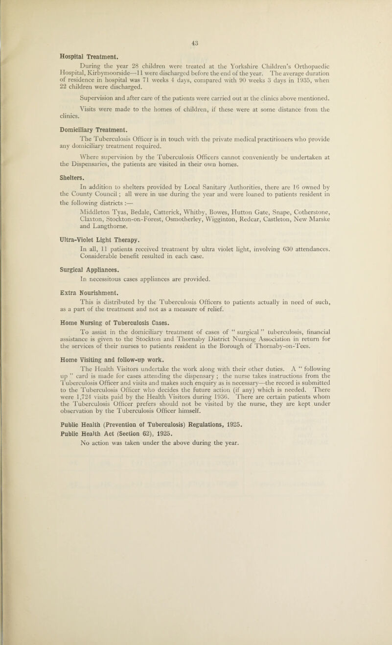 Hospital Treatment. During the year 28 children were treated at the Yorkshire Children’s Orthopaedic Hospital, Kirbymoorside—11 were discharged before the end of the year. The average duration of residence in hospital was 71 weeks 4 days, compared with 90 weeks 3 days in 1935, when 22 children were discharged. Supervision and aftercare of the patients were carried out at the clinics above mentioned. Visits were made to the homes of children, if these were at some distance from the clinics. Domiciliary Treatment. The Tuberculosis Officer is in touch with the private medical practitioners who provide any domiciliary treatment required. Where supervision by the Tuberculosis Officers cannot conveniently be undertaken at the Dispensaries, the patients are visited in their own homes. Shelters. In addition to shelters provided by Local Sanitary Authorities, there are 16 owned by the County Council ; all were in use during the year and were loaned to patients resident in the following districts :— Middleton Tyas, Bedale, Catterick, Whitby, Bowes, Hutton Gate, Snape, Cotherstone, Claxton, Stockton-on-Forest, Osmotherley, Wigginton, Redcar, C-astleton, New Marske and Langthorne. Ultra-Violet Light Therapy. In all, 11 patients received treatment by ultra violet light, involving 630 attendances. Considerable benefit resulted in each case. Surgical Appliances. In necessitous cases appliances are provided. Extra Nourishment. This is distributed by the Tuberculosis Officers to patients actually in need of such, as a part of the treatment and not as a measure of relief. Home Nursing of Tuberculosis Cases. To assist in the domiciliary treatment of cases of “ surgical ” tuberculosis, financial assistance is given to the Stockton and Thornaby District Nursing Association in return for the services of their nurses to patients resident in the Borough of Thornaby-on-Tees. Home Visiting and follow-up work. The Flealth Visitors undertake the work along with their other duties. A “ following up ” card is made for cases attending the dispensary ; the nurse takes instructions from the Tuberculosis Officer and visits and makes such enquiry as is necessary—the record is submitted to the Tuberculosis Officer who decides the future action (if any) which is needed. There were 1,724 visits paid by the Flealth Visitors during 1936. There are certain patients whom the Tuberculosis Officer prefers should not be visited by the nurse, they are kept under observation by the Tuberculosis Officer himself. Public Health (Prevention of Tuberculosis) Regulations, 1925. Public Health Act (Section 62), 1925. No action was taken under the above during the year.