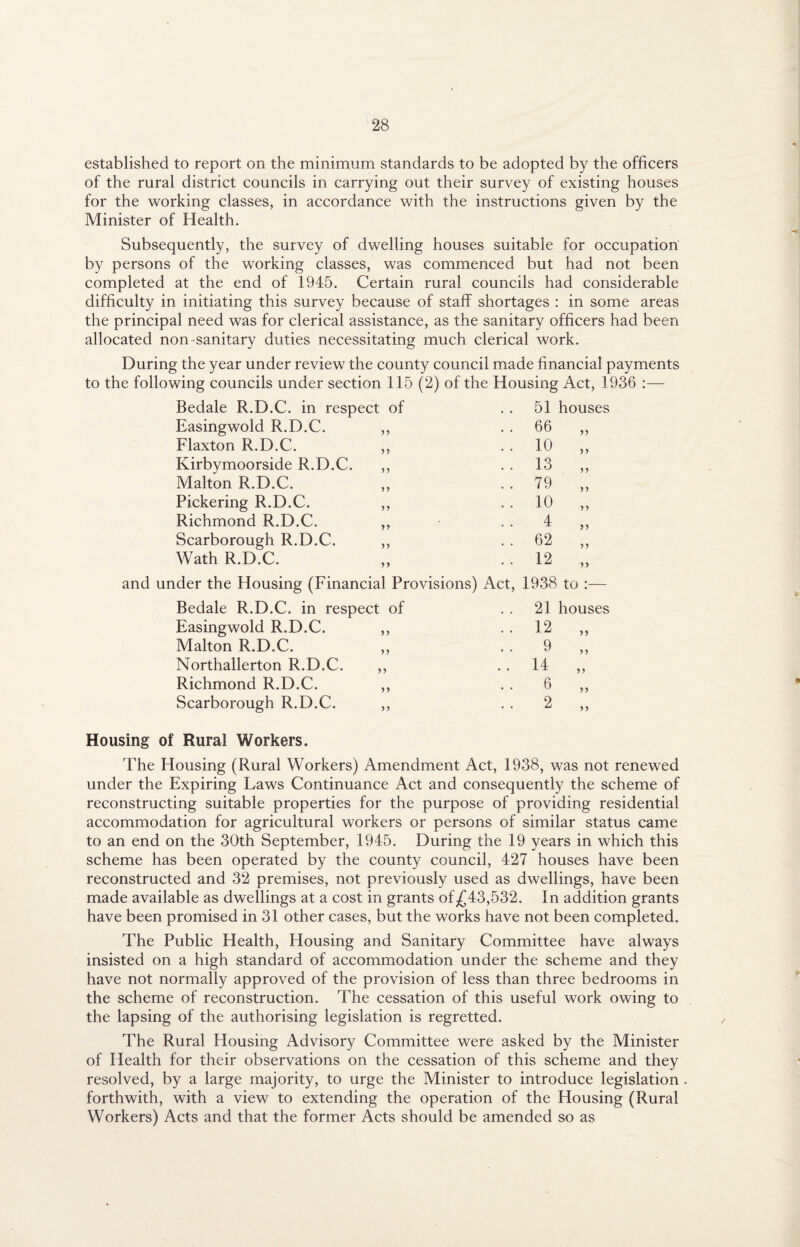 established to report on the minimum standards to be adopted by the officers of the rural district councils in carrying out their survey of existing houses for the working classes, in accordance with the instructions given by the Minister of Health. Subsequently, the survey of dwelling houses suitable for occupation by persons of the working classes, was commenced but had not been completed at the end of 1945. Certain rural councils had considerable difficulty in initiating this survey because of staff shortages : in some areas the principal need was for clerical assistance, as the sanitary officers had been allocated non sanitary duties necessitating much clerical work. During the year under review the county council made financial payments to the following councils under section 115 (2) of the Housing Act, 1936 :— Bedale R.D.C. in respect of 51 houses Easingwold R.D.C. y y . . 66 yy Flaxton R.D.C. y y . . 10 y y Kirbymoorside R.D.C. 5 y . . 13 y y Malton R.D.C. yy . . 79 y y Pickering R.D.C. yy . . 10 yy Richmond R.D.C. yy 4 yy Scarborough R.D.C. yy . . 62 yy Wath R.D.C. yy . . 12 yy and under the Housing (Financial Provisions) Act, Bedale R.D.C. in respect of Easingwold R.D.C. ,, Malton R.D.C. ,, Northallerton R.D.C. ,, Richmond R.D.C. ,, Scarborough R.D.C. ,, 1938 to :— 21 houses 12 9 14 yy yy yy 6 2 yy yy Housing of Rural Workers. The Housing (Rural Workers) Amendment Act, 1938, was not renewed under the Expiring Laws Continuance Act and consequently the scheme of reconstructing suitable properties for the purpose of providing residential accommodation for agricultural workers or persons of similar status came to an end on the 30th September, 1945. During the 19 years in which this scheme has been operated by the county council, 427 houses have been reconstructed and 32 premises, not previously used as dwellings, have been made available as dwellings at a cost in grants of^43,532. In addition grants have been promised in 31 other cases, but the works have not been completed. The Public Health, Housing and Sanitary Committee have always insisted on a high standard of accommodation under the scheme and they have not normally approved of the provision of less than three bedrooms in the scheme of reconstruction. The cessation of this useful work owing to the lapsing of the authorising legislation is regretted. The Rural Housing Advisory Committee were asked by the Minister of Health for their observations on the cessation of this scheme and they resolved, by a large majority, to urge the Minister to introduce legislation. forthwith, with a view to extending the operation of the Housing (Rural Workers) Acts and that the former Acts should be amended so as