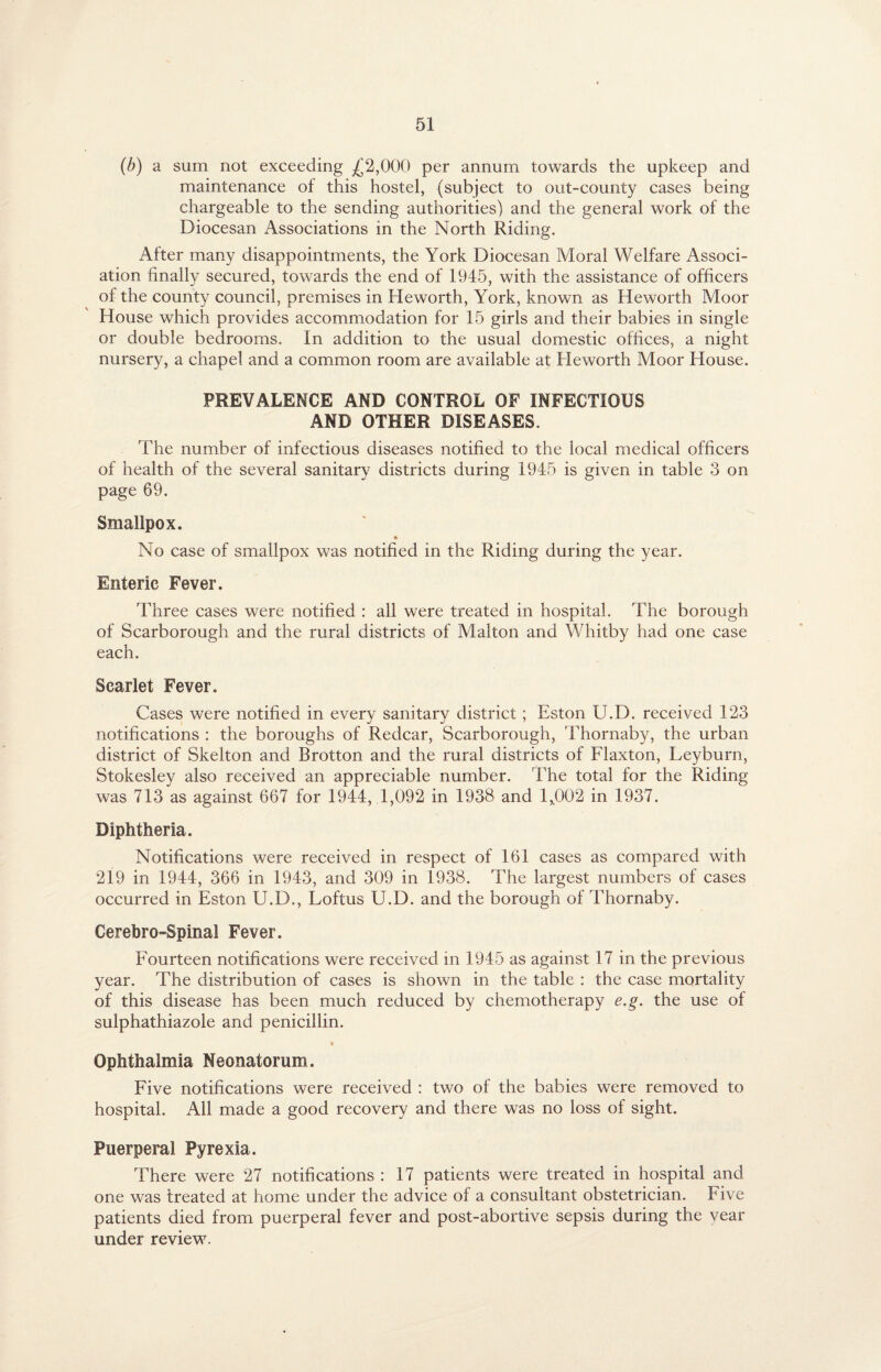(b) a sum not exceeding .£2,000 per annum towards the upkeep and maintenance of this hostel, (subject to out-county cases being chargeable to the sending authorities) and the general work of the Diocesan Associations in the North Riding. After many disappointments, the York Diocesan Moral Welfare Associ¬ ation finally secured, towards the end of 1945, with the assistance of officers of the county council, premises in Heworth, York, known as Heworth Moor House which provides accommodation for 15 girls and their babies in single or double bedrooms. In addition to the usual domestic offices, a night nursery, a chapel and a common room are available at Heworth Moor House. PREVALENCE AND CONTROL OF INFECTIOUS AND OTHER DISEASES. The number of infectious diseases notified to the local medical officers of health of the several sanitary districts during 1945 is given in table 3 on page 69. Smallpox. No case of smallpox was notified in the Riding during the year. Enteric Fever. Three cases were notified : all were treated in hospital. The borough of Scarborough and the rural districts of Malton and Whitby had one case each. Scarlet Fever. Cases were notified in every sanitary district; Eston U.D. received 123 notifications : the boroughs of Redcar, Scarborough, Thornaby, the urban district of Skelton and Brotton and the rural districts of Flaxton, Leyburn, Stokesley also received an appreciable number. The total for the Riding was 713 as against 667 for 1944, 1,092 in 1938 and 1,002 in 1937. Diphtheria. Notifications were received in respect of 161 cases as compared with 219 in 1944, 366 in 1943, and 309 in 1938. The largest numbers of cases occurred in Eston U.D., Loftus U.D. and the borough of Thornaby. Cerebro-Spina! Fever. Fourteen notifications were received in 1945 as against 17 in the previous year. The distribution of cases is shown in the table : the case mortality of this disease has been much reduced by chemotherapy e.g. the use of sulphathiazole and penicillin. • > Ophthalmia Neonatorum. Five notifications were received : two of the babies were removed to hospital. All made a good recovery and there was no loss of sight. Puerperal Pyrexia. There were 27 notifications : 17 patients were treated in hospital and one was treated at home under the advice of a consultant obstetrician. Five patients died from puerperal fever and post-abortive sepsis during the vear under review.