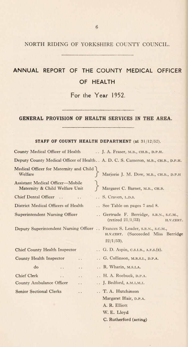 NORTH RIDING OF YORKSHIRE COUNTY COUNCIL. ANNUAL REPORT OF THE COUNTY MEDICAL OFFICER OF HEALTH For the Year 1952. GENERAL PROVISION OF HEALTH SERVICES IN THE AREA. STAFF OF COUNTY HEALTH DEPARTMENT (at 31/12/52). County Medical Officer of Health Deputy County Medical Officer of Health. . Medical Officer for Maternity and Child Y Welfare Assistant Medical Officer—Mobile Y Maternity & Child Welfare Unit Chief Dental Officer District Medical Officers of Health Superintendent Nursing Officer Deputy Superintendent Nursing Officer . . Chief County Health Inspector County Health Inspector do Chief Clerk County Ambulance Officer Senior Sectional Clerks J. A. Fraser, m.b., ch.b., d.p.h. A. D. C. S. Cameron, m.b., ch.b., d.p.h. Marjorie J. M. Dow, m.b., ch.b., d.p.h Margaret C. Barnet, m.b., ch.b. S. Craven, l.d.s. See Table on pages 7 and 8. Gertrude F. Berridge, s.r.n., s.c.m., (retired 21/1/53) h.v.cert. Frances S. Leader, s.r.n., s.c.m., h.v.cert. (Succeeded Miss Berridge 22/1/53). G. D. Aspin, c.s.i.b., a.f.s.(e). G. Collinson, m.r.s.i., d.p.a. R. Wharin, m.s.i.a. H. A. Roebuck, d.p.a. J. Bedford, a.m.i.m.i. T. A. Hutchinson Margaret Blair, d.p.a. A. R. Elliott W. E. Lloyd C. Rutherford (acting)