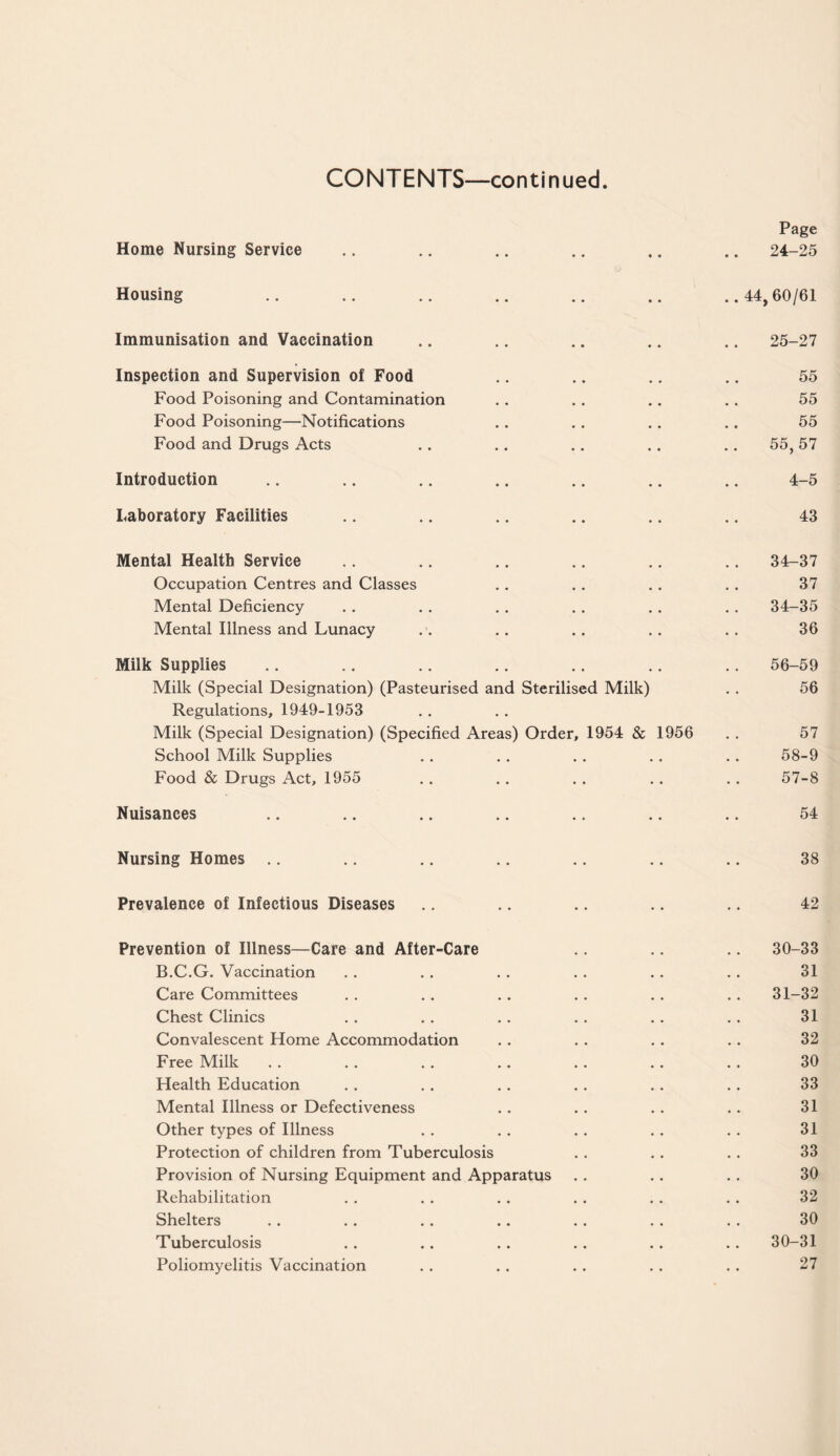 Page Home Nursing Service .. .. .. .. .. .. 24-25 Housing .. .. .. .. .. .. .. 44,60/61 Immunisation and Vaccination .. .. .. .. .. 25-27 Inspection and Supervision of Food .. .. .. .. 55 Food Poisoning and Contamination .. .. .. .. 55 Food Poisoning—Notifications .. .. .. .. 55 Food and Drugs Acts .. .. .. .. .. 55, 57 Introduction .. .. .. .. .. .. .. 4-5 Laboratory Facilities .. .. .. .. .. .. 43 Mental Health Service .. .. ,. .. .. .. 34-37 Occupation Centres and Classes .. .. . . . . 37 Mental Deficiency . . . . . . ,. .. . , 34-35 Mental Illness and Lunacy .. .. .. .. .. 36 Milk Supplies .. .. .. .. .. .. .. 56-59 Milk (Special Designation) (Pasteurised and Sterilised Milk) . . 56 Regulations, 1949-1953 Milk (Special Designation) (Specified Areas) Order, 1954 & 1956 . . 57 School Milk Supplies . . .. .. .. . . 58-9 Food & Drugs Act, 1955 .. .. . . . . . . 57-8 Nuisances .. .. .. .. .. .. .. 54 Nursing Homes .. .. .. .. .. .. 38 Prevalence of Infectious Diseases .. .. .. .. .. 42 Prevention of Illness—Care and After-Care .. .. .. 30-33 B.C.G. Vaccination . . . . ., . . .. .. 31 Care Committees . . .. .. .. .. . . 31-32 Chest Clinics . . . . .. . . .. .. 31 Convalescent Home Accommodation .. . . . . .. 32 Free Milk . . , . . , .. .. .. . . 30 Health Education , . .. .. .. .. .. 33 Mental Illness or Defectiveness .. . . .. .. 31 Other types of Illness . , .. . . . . . . 31 Protection of children from Tuberculosis .. .. . . 33 Provision of Nursing Equipment and Apparatus .. .. . . 30 Rehabilitation . . . . . . . . . . . . 32 Shelters . . .. .. .. . . .. . . 30 Tuberculosis .. .. .. . . .. .. 30-31