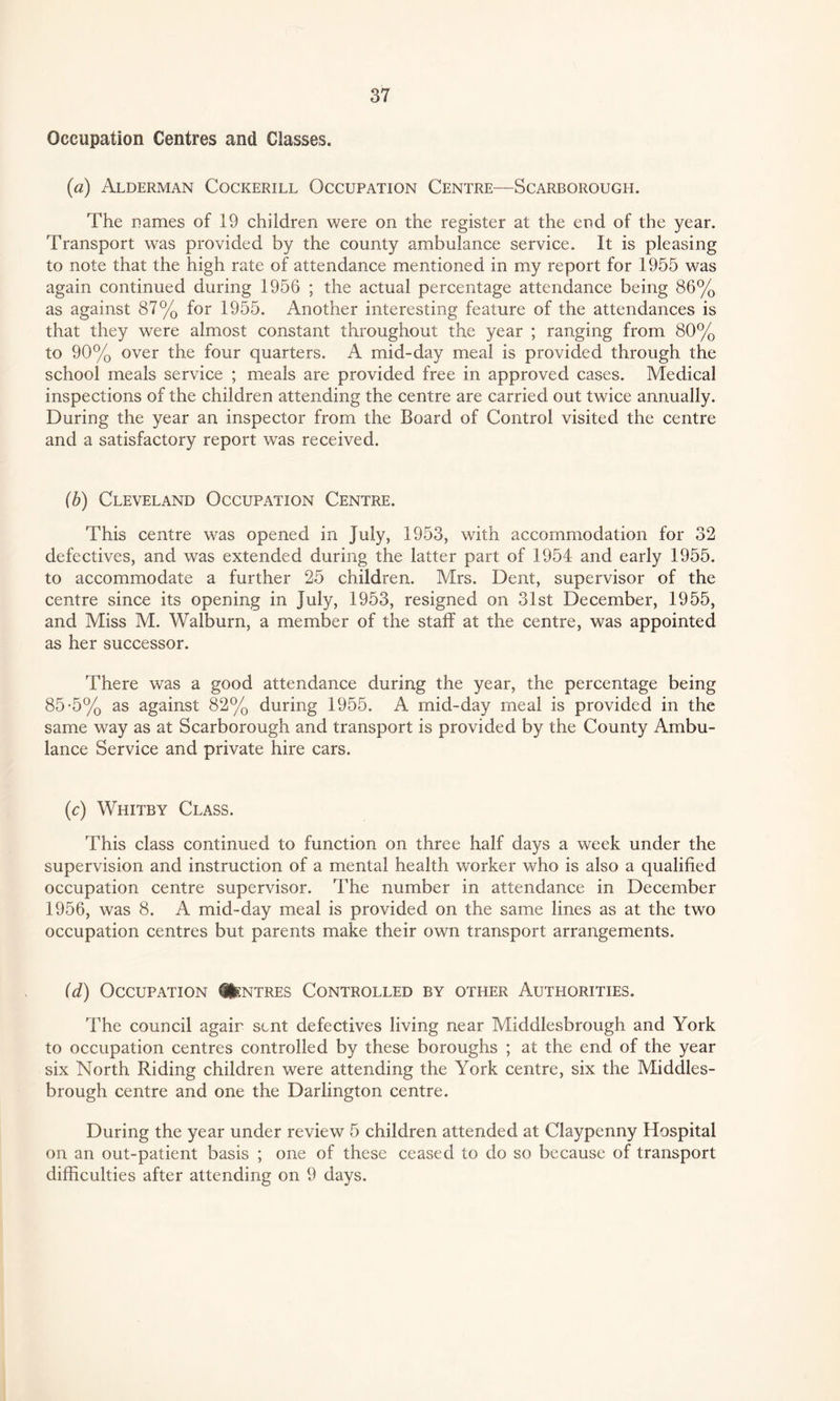 Occupation Centres and Classes. {a) Alderman Cockerill Occupation Centre—Scarborough. The names of 19 children were on the register at the end of the year. Transport was provided by the county ambulance service. It is pleasing to note that the high rate of attendance mentioned in my report for 1955 was again continued during 1956 ; the actual percentage attendance being 86% as against 87% for 1955. Another interesting feature of the attendances is that they were almost constant throughout the year ; ranging from 80% to 90% over the four quarters. A mid-day meal is provided through the school meals service ; meals are provided free in approved cases. Medical inspections of the children attending the centre are carried out twice annually. During the year an inspector from the Board of Control visited the centre and a satisfactory report was received. ib) Cleveland Occupation Centre. This centre was opened in July, 1953, with accommodation for 32 defectives, and was extended during the latter part of 1954 and early 1955. to accommodate a further 25 children. Mrs. Dent, supervisor of the centre since its opening in July, 1953, resigned on 31st December, 1955, and Miss M. Walburn, a member of the staff at the centre, was appointed as her successor. There was a good attendance during the year, the percentage being 85-5% as against 82% during 1955. A mid-day meal is provided in the same way as at Scarborough and transport is provided by the County Ambu¬ lance Service and private hire cars. (c) Whitby Class. This class continued to function on three half days a week under the supervision and instruction of a mental health worker who is also a qualified occupation centre supervisor. The number in attendance in December 1956, was 8. A mid-day meal is provided on the same lines as at the two occupation centres but parents make their own transport arrangements. id) Occupation %.ntres Controlled by other Authorities. The council again sent defectives living near Middlesbrough and York to occupation centres controlled by these boroughs ; at the end of the year six North Riding children were attending the York centre, six the Middles¬ brough centre and one the Darlington centre. During the year under review 5 children attended at Claypenny Hospital on an out-patient basis ; one of these ceased to do so because of transport difficulties after attending on 9 days.