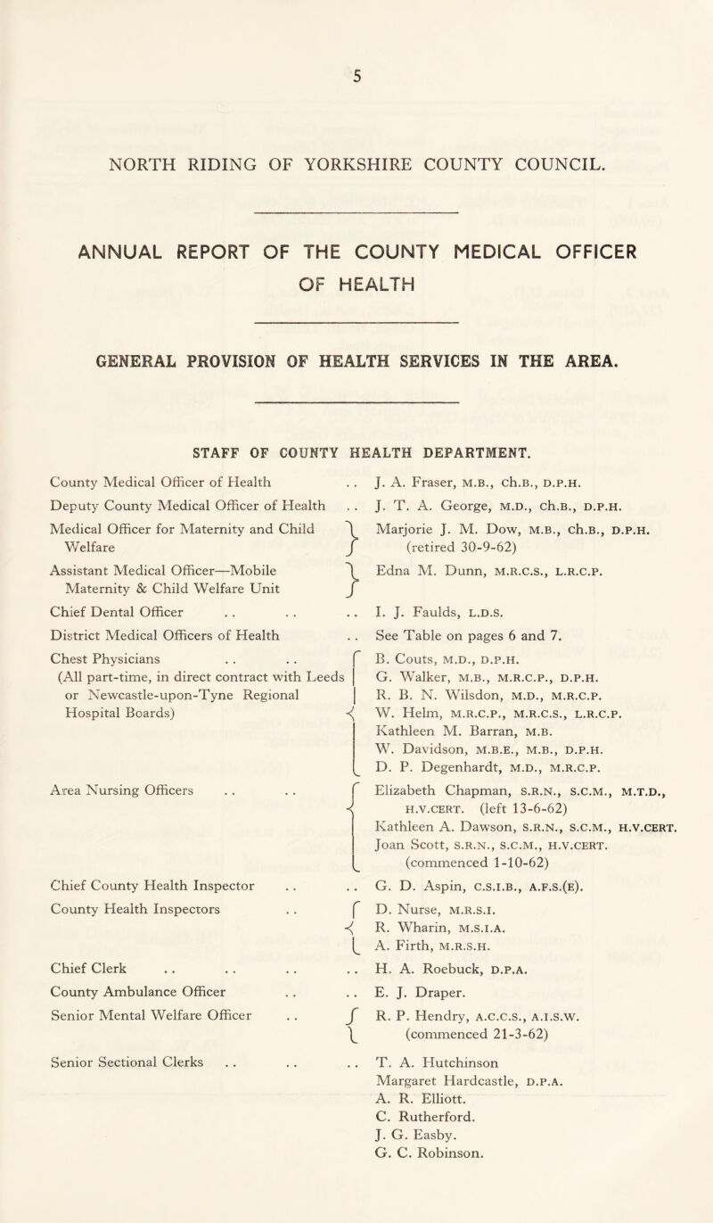 NORTH RIDING OF YORKSHIRE COUNTY COUNCIL. ANNUAL REPORT OF THE COUNTY MEDICAL OFFICER OF HEALTH GENERAL PROVISION OF HEALTH SERVICES IN THE AREA. STAFF OF COUNTY HEALTH DEPARTMENT. County Medical Officer of Health Deputy County Medical Officer of Health Medical Officer for Maternity and Child Welfare Assistant Medical Officer—Mobile Maternity & Child Welfare Unit Chief Dental Officer J. A. Fraser, m.b., ch.B., d.p.h. J. T. A. George, m.d., ch.B., d.p.h. Marjorie J. M. Dow, m.b., ch.B., d.p.h. (retired 30-9-62) Edna M. Dunn, m.r.c.s., l.r.c.p. I. J. Faulds, l.d.s. District Medical Officers of Health Chest Physicians (All part-time, in direct contract with Leeds | or Newcastle-upon-Tyne Regional Hospital Boards) Area Nursing Officers Chief County Health Inspector County Health Inspectors Chief Clerk County Ambulance Officer Senior Mental Welfare Officer Senior Sectional Clerks See Table on pages 6 and 7. B. Gouts, M.D., D.P.H. G. Walker, m.b., m.r.c.p., d.p.h. R. B. N. Wilsdon, m.d., m.r.c.p. ^ W. Helm, m.r.c.p., m.r.c.s., l.r.c.p. Kathleen M. Barran, m.b. W. Davidson, m.b.e., m.b., d.p.h. D. P. Degenhardt, m.d., m.r.c.p. { Elizabeth Chapman, s.r.n., s.c.m., m.t.d., *1 h.v.cert. (left 13-6-62) Flathleen A. Dawson, s.r.n., s.c.m., h.v.cert. Joan Scott, s.r.n., s.c.m., h.v.cert. (commenced 1-10-62) G. D. Aspin, c.s.i.b., a.f.s.(e). f D. Nurse, m.r.s.i. <( R. Wharin, m.s.i.a. A. Firth, m.r.s.h. H, A. Roebuck, d.p.a. E. J. Draper. f R. P. Hendry, a.c.c.s., a.i.s.w. 'L (commenced 21-3-62) . . T. A. Flutchinson Margaret Hardcastle, D.P.A. A. R. Elliott. C. Rutherford. J. G. Easby. G. C. Robinson.