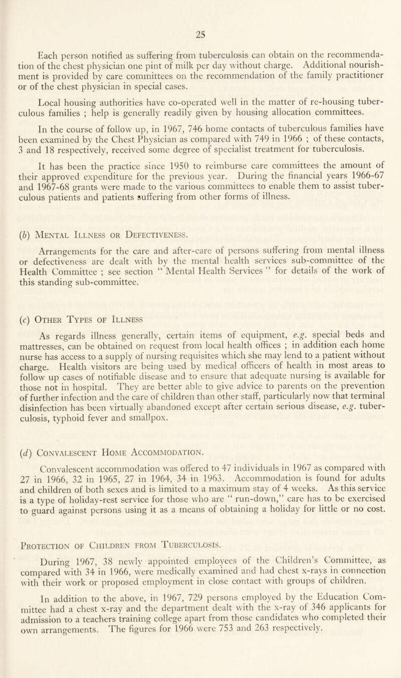 Each person notified as suffering from tuberculosis can obtain on the recommenda¬ tion of the chest physician one pint of milk per day without charge. Additional nourish¬ ment is provided by care committees on the recommendation of the family practitioner or of the chest physician in special cases. Local housing authorities have co-operated well in the matter of re-housing tuber¬ culous families ; help is generally readily given by housing allocation committees. In the course of follow up, in 1967, 746 home contacts of tuberculous families have been examined by the Chest Physician as compared with 749 in 1966 ; of these contacts, 3 and 18 respectively, received some degree of specialist treatment for tuberculosis. It has been the practice since 1950 to reimburse care committees the amount of their approved expenditure for the previous year. During the financial years 1966-67 and 1967-68 grants wTere made to the various committees to enable them to assist tuber¬ culous patients and patients suffering from other forms of illness. (ib) Mental Illness or Defectiveness. Arrangements for the care and after-care of persons suffering from mental illness or defectiveness are dealt with by the mental health services sub-committee of the Health Committee ; see section “ Mental Health Services ” for details of the work of this standing sub-committee. (c) Other Types of Illness As regards illness generally, certain items of equipment, e.g. special beds and mattresses, can be obtained on request from local health offices ; in addition each home nurse has access to a supply of nursing requisites which she may lend to a patient without charge. Health visitors are being used by medical officers of health in most areas to follow up cases of notifiable disease and to ensure that adequate nursing is available for those not in hospital. They are better able to give advice to parents on the prevention of further infection and the care of children than other staff, particularly now that terminal disinfection has been virtually abandoned except after certain serious disease, e.g. tuber¬ culosis, typhoid fever and smallpox. (d) Convalescent Home Accommodation. Convalescent accommodation wras offered to 47 individuals in 1967 as compared with 27 in 1966, 32 in 1965, 27 in 1964, 34 in 1963. Accommodation is found for adults and children of both sexes and is limited to a maximum stay of 4 weeks. As this service is a type of holiday-rest service for those who are “ run-down,” care has to be exercised to guard against persons using it as a means of obtaining a holiday for little or no cost. Protection of Children from Tuberculosis. During 1967, 38 newly appointed employees of the Children’s Committee, as compared with 34 in 1966, were medically examined and had chest x-rays in connection with their work or proposed employment in close contact with groups of children. In addition to the above, in 1967, 729 persons employed by the Education Com¬ mittee had a chest x-ray and the department dealt with the x-ray of 346 applicants for admission to a teachers training college apart from those candidates who completed their own arrangements. The figures for 1966 w^ere 753 and 263 respectively.