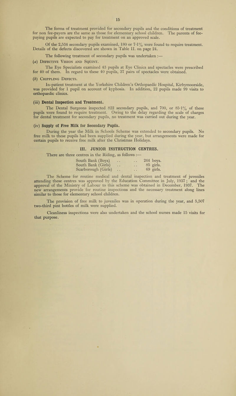 The forms of treatment provided for secondary pupils and the conditions of treatment for non fee-payers are the same as those for elementary school children. The parents of fee¬ paying pupils are expected to pay for treatment on an approved scale. Of the 2,534 secondary pupils examined, 180 or 7T% were found to require treatment. Details of the defects discovered are shown in Table II. on page 24. The following treatment of secondary pupils was undertaken :— (a) Defective Vision and Squint. The Eye Specialists e.xamined 43 pupils at Eye Clinics and spectacles were prescribed for 40 of them. In regard to these 40 pupils, 37 pairs of spectacles were obtained. (d) Crippling Defects. In-patient treatment at the Yorkshire Children’s Orthopaedic Hospital, Kirbymoorside, was provided for 1 pupil on account of kyphosis. In addition, 22 pupils made 99 visits to orthopaedic clinics. (iii) Dental Inspection and Treatment. The Dental Surgeons inspected 822 secondary pupils, and 700, or 85T% of these pupils were found to require treatment. Owing to the delay regarding the scale of charges for dental treatment for secondary pupils, no treatment was carried out during the year. (iv) Supply of Free Milk for Secondary Pupils. During the year the Milk in Schools Scheme was extended to secondary pupils. No free milk to these pupils had been supplied during the year, but arrangements were made for certain pupils to receive free milk after the Christmas Holidays. III. JUNIOR INSTRUCTION CENTRES. There are three centres in the Riding, as follows :— South Bank (Boys) . . . . 244 boys. South Bank (Girls) .. .. 85 girls. Scarborough (Girls) . . . . 69 girls. The Scheme for routine medical and dental inspection and treatment of juveniles attending these centres was approved by the Education Committee in July, 1937 ; and the approval of the Ministry of Labour to this scheme was obtained in December, 1937. The new arrangements provide for routine inspections and the necessary treatment along lines similar to those for elementary school children. The provision of free milk to juveniles was in operation during the year, and 5,507 two-third pint bottles of milk were supplied. Cleanliness inspections were also undertaken and the school nurses made 15 visits for that purpose.