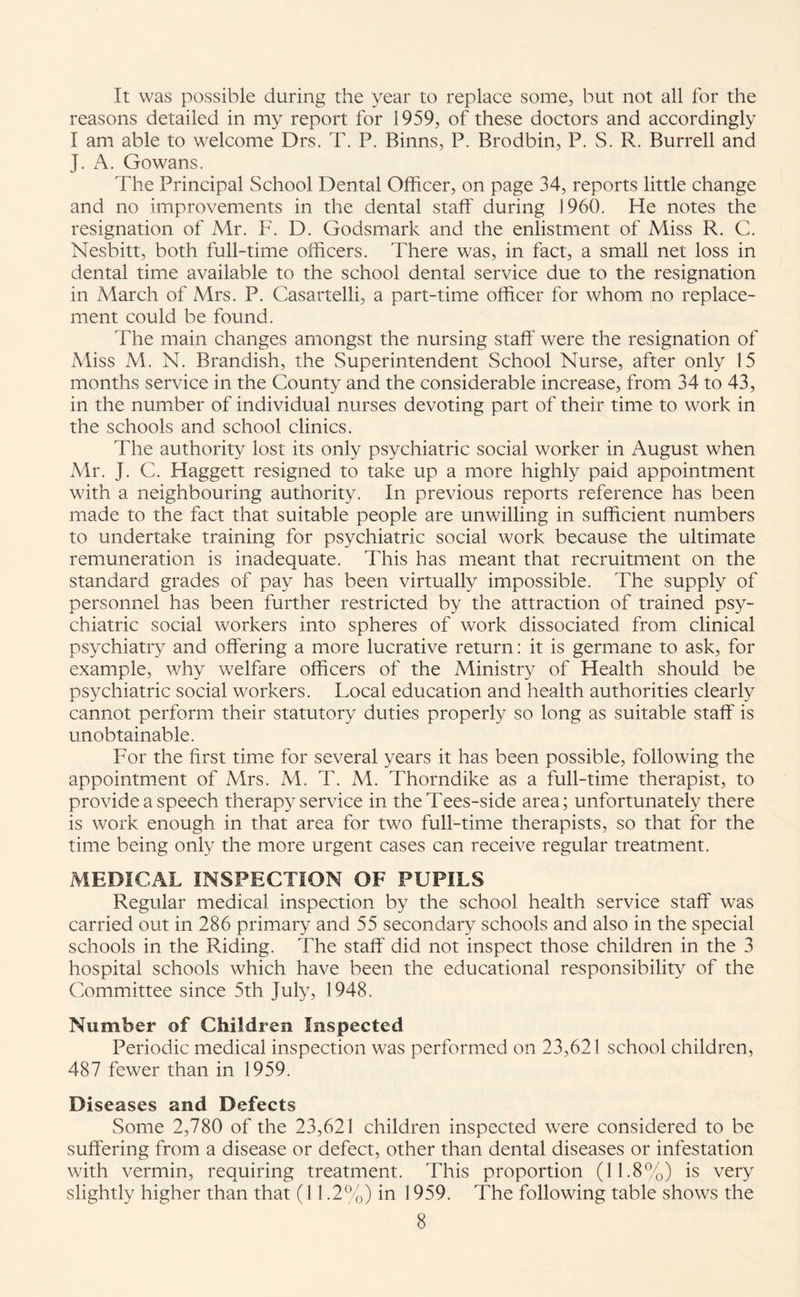 It was possible during the year to replace some, but not all for the reasons detailed in my report for 1959, of these doctors and accordingly I am able to welcome Drs. T. P. Binns, P. Brodbin, P. S. R. Burrell and J. A. Gowans. The Principal School Dental Officer, on page 34, reports little change and no improvements in the dental staff during i960. He notes the resignation of Mr. F. D. Godsmark and the enlistment of Miss R. C. Nesbitt, both full-time officers. There was, in fact, a small net loss in dental time available to the school dental service due to the resignation in March of Mrs. P. Casartelli, a part-time officer for whom no replace¬ ment could be found. The main changes amongst the nursing staff were the resignation of Miss M. N. Brandish, the Superintendent School Nurse, after only 15 months service in the County and the considerable increase, from 34 to 43, in the number of individual nurses devoting part of their time to work in the schools and school clinics. The authority lost its only psychiatric social worker in August when Mr. J. C. Haggett resigned to take up a more highly paid appointment with a neighbouring authority. In previous reports reference has been made to the fact that suitable people are unwilling in sufficient numbers to undertake training for psychiatric social work because the ultimate remuneration is inadequate. This has meant that recruitment on the standard grades of pay has been virtually impossible. The supply of personnel has been further restricted by the attraction of trained psy¬ chiatric social workers into spheres of work dissociated from clinical psychiatry and offering a more lucrative return: it is germane to ask, for example, why welfare officers of the Ministry of Health should be psychiatric social workers. Local education and health authorities clearly cannot perform their statutory duties properly so long as suitable staff is unobtainable. For the first time for several years it has been possible, following the appointment of Mrs. M. T. M. Thorndike as a full-time therapist, to provide a speech therapy service in the Tees-side area; unfortunately there is work enough in that area for two full-time therapists, so that for the time being only the more urgent cases can receive regular treatment. MEDICAL INSPECTION OF PUPILS Regular medical inspection by the school health service staff was carried out in 286 primary and 55 secondary schools and also in the special schools in the Fading. The staff did not inspect those children in the 3 hospital schools which have been the educational responsibility of the Committee since 5th July, 1948. Number of Children Inspected Periodic medical inspection was performed on 23,621 school children, 487 fewer than in 1959. Diseases and Defects Some 2,780 of the 23,621 children inspected were considered to be suffering from a disease or defect, other than dental diseases or infestation with vermin, requiring treatment. This proportion (11.8%) is very slightly higher than that (11.2%) in 1959. The following table shows the