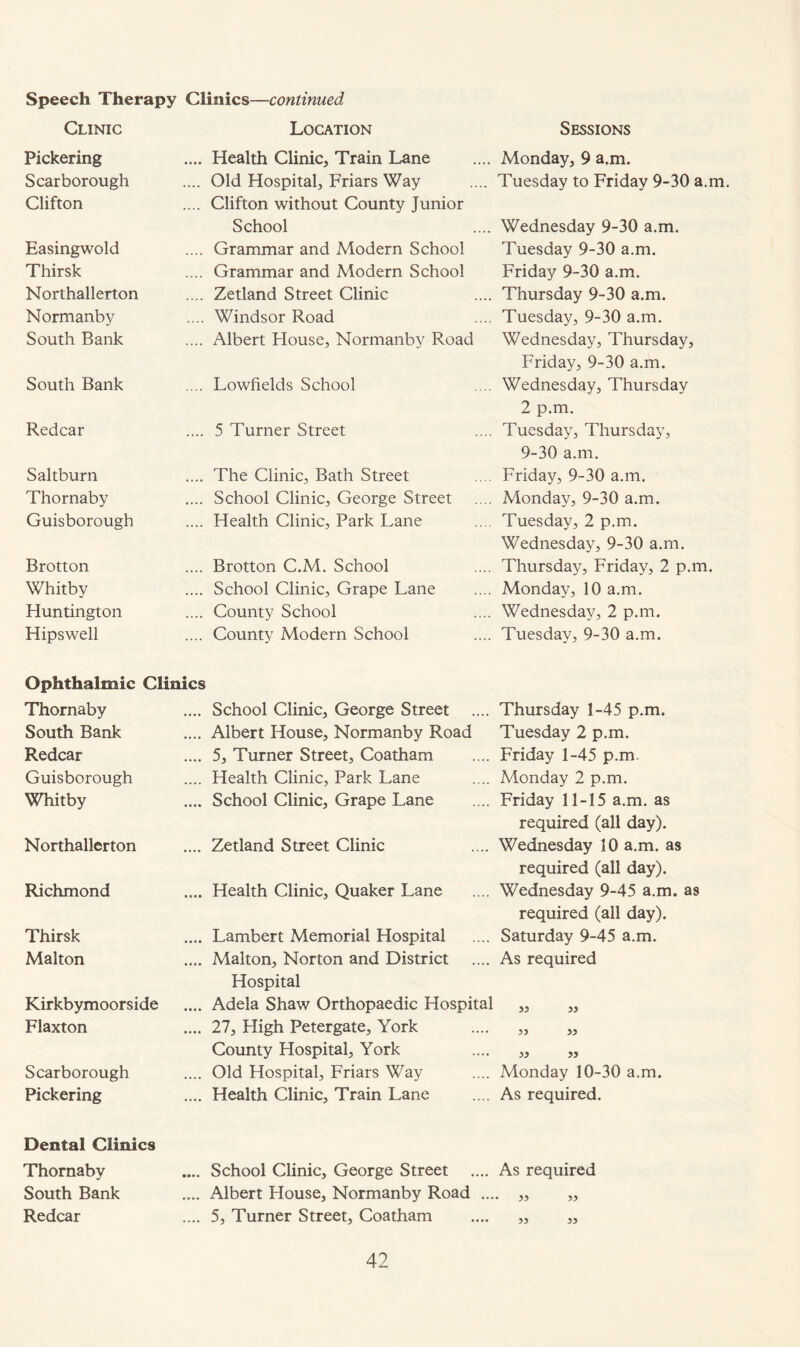 Speech Therapy Clinics—continued Clinic Location Sessions Pickering Health Clinic, Train Lane Monday, 9 a.m. Scarborough Old Hospital, Friars Way Tuesday to Friday 9-30 a.m Clifton Clifton without County Junior School Wednesday 9-30 a.m. Easingwold Grammar and Modern School Tuesday 9-30 a.m. Thirsk Grammar and Modern School Friday 9-30 a.m. Northallerton Zetland Street Clinic Thursday 9-30 a.m. Normanby Windsor Road Tuesday, 9-30 a.m. South Bank Albert House, Normanby Road Wednesday, Thursday, South Bank Lowfields School Friday, 9-30 a.m. Wednesday, Thursday Redcar 5 Turner Street 2 p.m. Tuesday, Thursday, Saltburn The Clinic, Bath Street 9-30 a.m. Friday, 9-30 a.m. Thornaby School Clinic, George Street Monday, 9-30 a.m. Guisborough Health Clinic, Park Lane Tuesday, 2 p.m. Brotton Brotton C.M. School Wednesday, 9-30 a.m. Thursday, Friday, 2 p.m. Whitby School Clinic, Grape Lane Monday, 10 a.m. Huntington County School Wednesday, 2 p.m. Hipswell County Modern School Tuesday, 9-30 a.m. Ophthalmic Clinics Thornaby School Clinic, George Street Thursday 1-45 p.m. South Bank Albert House, Normanby Road Tuesday 2 p.m. Redcar 5, Turner Street, Coatham Friday 1-45 p.m. Guisborough Health Clinic, Park Lane Monday 2 p.m. Whitby School Clinic, Grape Lane Friday 11-15 a.m. as Northallerton Zetland Street Clinic required (all day). Wednesday 10 a.m. as Richmond Health Clinic, Quaker Lane required (all day). Wednesday 9-45 a.m. as Thirsk Lambert Memorial Hospital required (all day). Saturday 9-45 a.m. Malton Malton, Norton and District As required Kirkbymoorside Hospital Adela Shaw Orthopaedic Hospital i) » Flaxton 27, High Petergate, York 5) JJ County Hospital, York ii JJ Scarborough Old Hospital, Friars Way Monday 10-30 a.m. Pickering Health Clinic, Train Lane As required. Dental Clinics Thornaby School Clinic, George Street As required South Bank Albert House, Normanby Road ... • 33 33 Redcar 5, Turner Street, Coatham 33 33