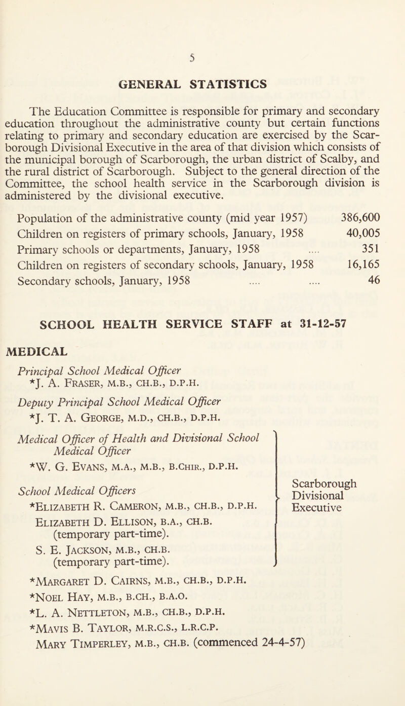 GENERAL STATISTICS The Education Committee is responsible for primary and secondary education throughout the administrative county but certain functions relating to primary and secondary education are exercised by the Scar¬ borough Divisional Executive in the area of that division which consists of the municipal borough of Scarborough, the urban district of Scalby, and the rural district of Scarborough. Subject to the general direction of the Committee, the school health service in the Scarborough division is administered by the divisional executive. Population of the administrative county (mid year 1957) 386,600 Children on registers of primary schools, January, 1958 40,005 Primary schools or departments, January, 1958 .... 351 Children on registers of secondary schools, January, 1958 16,165 Secondary schools, January, 1958 .... .... 46 SCHOOL HEALTH SERVICE STAFF at 31-12-57 MEDICAL Principal School Medical Officer *J. A. Fraser, m.b., ch.b., d.p.h. Deputy Principal School Medical Officer *J. T. A. George, m.d., ch.b., d.p.h. Medical Officer of Health and Divisional School Medical Officer *W. G. Evans, m.a., m.b., b.chir., d.p.h. School Medical Officers _ DivMonalgh ^Elizabeth R. Cameron, m.b., ch.b., d.p.h. Executive Elizabeth D. Ellison, b.a., ch.b. (temporary part-time). S. E. Jackson, m.b., ch.b. (temporary part-time). * Margaret D. Cairns, m.b., ch.b., d.p.h. *Noel Hay, m.b., b.ch., b.a.o. *L. A. Nettleton, m.b., ch.b., d.p.h. *Mavis B. Taylor, m.r.c.s., l.r.c.p. Mary Timperley, m.b., ch.b. (commenced 24-4-57)