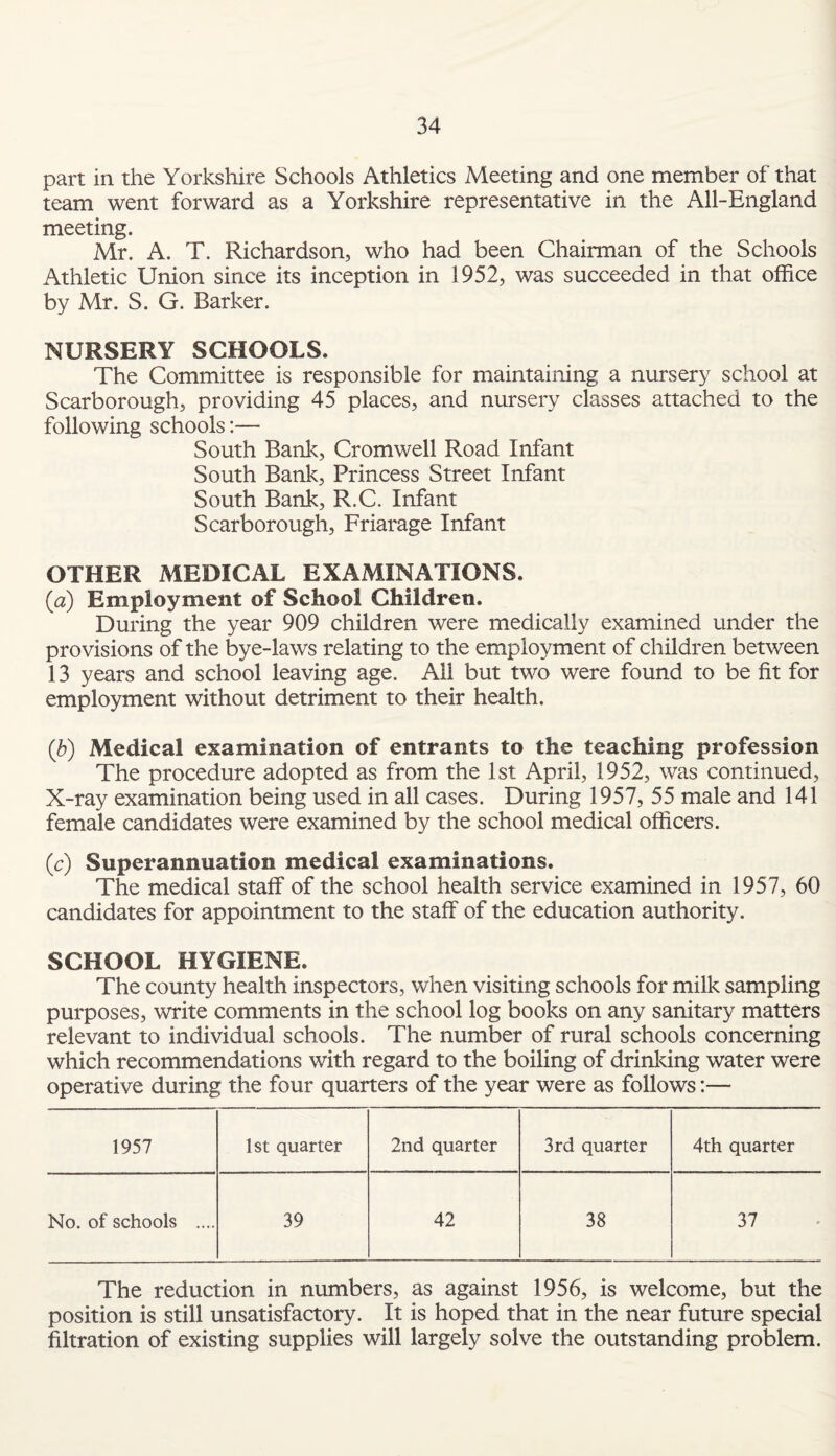 part in the Yorkshire Schools Athletics Meeting and one member of that team went forward as a Yorkshire representative in the All-England meeting. Mr. A. T. Richardson, who had been Chairman of the Schools Athletic Union since its inception in 1952, was succeeded in that office by Mr. S. G. Barker. NURSERY SCHOOLS. The Committee is responsible for maintaining a nursery school at Scarborough, providing 45 places, and nursery classes attached to the following schools:— South Bank, Cromwell Road Infant South Bank, Princess Street Infant South Bank, R.C. Infant Scarborough, Friarage Infant OTHER MEDICAL EXAMINATIONS. (a) Employment of School Children. During the year 909 children were medically examined under the provisions of the bye-laws relating to the employment of children between 13 years and school leaving age. All but two were found to be fit for employment without detriment to their health. (b) Medical examination of entrants to the teaching profession The procedure adopted as from the 1st April, 1952, was continued, X-ray examination being used in all cases. During 1957, 55 male and 141 female candidates were examined by the school medical officers. (c) Superannuation medical examinations. The medical staff of the school health service examined in 1957, 60 candidates for appointment to the staff of the education authority. SCHOOL HYGIENE. The county health inspectors, when visiting schools for milk sampling purposes, write comments in the school log books on any sanitary matters relevant to individual schools. The number of rural schools concerning which recommendations with regard to the boiling of drinking water were operative during the four quarters of the year were as follows:— 1957 1st quarter 2nd quarter 3rd quarter 4th quarter No. of schools .... 39 42 38 37 The reduction in numbers, as against 1956, is welcome, but the position is still unsatisfactory. It is hoped that in the near future special filtration of existing supplies will largely solve the outstanding problem.