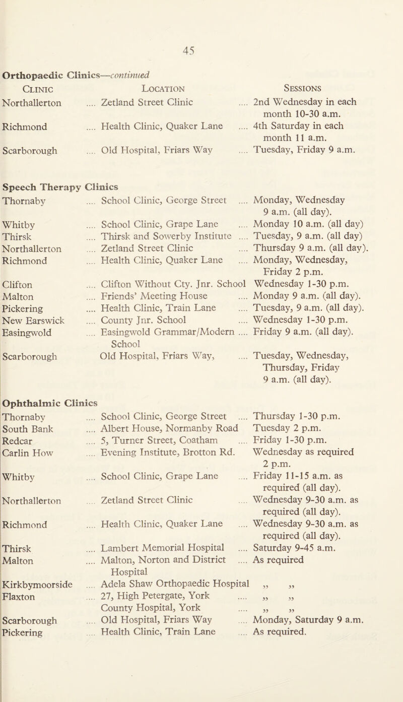 Orthopaedic Clinics—continued Clinic Location Sessions Northallerton .... Zetland Street Clinic .... 2nd Wednesday in each month 10-30 a.m. Richmond .... Health Clinic, Quaker Lane .... 4th Saturday in each month 11 a.m. Scarborough .... Old Hospital, Friars Way .... Tuesday, Friday 9 a.m. Speech Therapy Clinics Thornaby School Clinic, George Street Monday, Wednesday 9 a.m. (all day). Whitby School Clinic, Grape Lane Monday 10 a.m. (all day) Thirsk Thirsk and Sowerby Institute .... Tuesday, 9 a.m. (all day) Northallerton Zetland Street Clinic Thursday 9 a.m. (all day) Richmond Health Clinic, Quaker Lane Monday, Wednesday, Friday 2 p.m. Clifton Clifton Without Cty. Jnr. School Wednesday 1-30 p.m. Malton Friends’ Meeting House Monday 9 a.m. (all day). Pickering Health Clinic, Train Lane Tuesday, 9 a.m. (all day). New Earswick County Jnr. School Wednesday 1-30 p.m. Easingwold Easingwold Grammar/Modern .... School Friday 9 a.m. (all day). Scarborough Old Hospital, Friars Way, Tuesday, Wednesday, Thursday, Friday 9 a.m. (all day). Ophthalmic Clinics Thornaby School Clinic, George Street Thursday 1-30 p.m. South Bank Albert House, Normanby Road Tuesday 2 p.m. Redcar 5, Turner Street, Coatham Friday 1-30 p.m. Carlin How Evening Institute, Brotton Rd. Wednesday as required 2 p.m. Whitby School Clinic, Grape Lane Friday 11-15 a.m. as required (all day). Northallerton Zetland Street Clinic Wednesday 9-30 a.m. as required (all day). Richmond Health Clinic, Quaker Lane Wednesday 9-30 a.m. as required (all day). Thirsk Lambert Memorial Hospital Saturday 9-45 a.m. Malton Malton, Norton and District .... Hospital As required Kirkbymoorside Adela Shaw Orthopaedic Hospital >5 33 Flaxton 27, High Petergate, York County Hospital, York 33 53 33 33 Scarborough Old Hospital, Friars Way Monday, Saturday 9 a.m. Pickering Health Clinic, Train Lane As required.