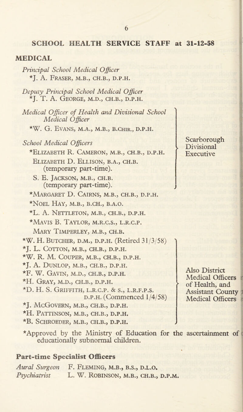 SCHOOL HEALTH SERVICE STAFF at 31-12-58 MEDICAL Principal School Medical Officer *J. A. Fraser, m.b., ch.b., d.p.h. Deputy Principal School Medical Officer *J. T. A. George, m.d., ch.b., d.p.h. Medical Officer of Health and Divisional School Medical Officer *W. G. Evans, m.a., m.b., b.chir., d.p.h. School Medical Officers ^Elizabeth R. Cameron, m.b., ch.b., d.p.h. Elizabeth D. Ellison, b.a., ch.b. (temporary part-time). S. E. Jackson, m.b., ch.b. (temporary part-time). * Margaret D. Cairns, m.b., ch.b., d.p.h. *Noel Hay, m.b., b.ch., b.a.o. *L. A. Nettleton, m.b., ch.b., d.p.h. * Mavis B. Taylor, m.r.c.s., l.r.c.p. Mary Timperley, m.b., ch.b. *W. H, Butcher, d.m., d.p.h. (Retired 31/3/58) ' *J. L. Cotton, m.b., ch.b., d.p.h. *W. R. M. Couper, m.b., ch.b., d.p.h. *J. A. Dunlop, m.b., cii.b., d.p.ei. *F. W. Gavin, m.d., ch.b., d.p.h. *H. Gray, m.d., ch.b., d.p.h. *D. H. S. Griffith, l.r.c.p. & s., l.r.f.p.s. d.p.h. (Commenced 1/4/58) *J. McGovern, m.b., ch.b., d.p.h. *H. Pattinson, m.b., ch.b., d.p.h. *B. Schroeder, m.b., ch.b., d.p.h. * Approved by the Ministry of Education for the educationally subnormal children. % Part-time Specialist Officers Aural Surgeon F. Fleming, m.b., b.s., d.l.o. Psychiatrist L. W. Robinson, m.b., ch.b., d.p.m. Scarborough Divisional Executive i Also District Medical Officers j of Health, and Assistant County } Medical Officers ii ascertainment of