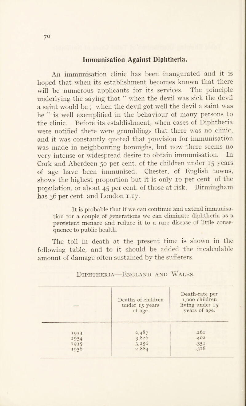 Immunisation Against Diphtheria. An immunisation clinic has been inaugurated and it is hoped that when its establishment becomes known that there will be numerous applicants for its services. The principle underlying the saying that “ when the devil was sick the devil a saint would be ; when the devil got well the devil a saint was he ” is well exemplified in the behaviour of many persons to the clinic. Before its establishment, when cases of Diphtheria were notified there were grumblings that there was no clinic, and it was constantly quoted that provision for immunisation was made in neighbouring boroughs, but now there seems no very intense or widespread desire to obtain immunisation. In Cork and Aberdeen 50 per cent, of the children under 15 years of age have been immunised. Chester, of Knglish towns, shows the highest proportion but it is only 10 per cent, of the population, or about 45 per cent, of those at risk. Birmingham has 36 per cent, and Condon 1.17. It is probable that if we can continue and extend immunisa¬ tion for a couple of generations we can eliminate diphtheria as a persistent menace and reduce it to a rare disease of little conse¬ quence to public health. The toll in death at the present time is shown in the following table, and to it should be added the incalculable amount of damage often sustained by the sufferers. Diphtheria—England and Wales. — Deaths of children under 15 years of age. Death-rate per 1,000 children living under 15 years of age. 1933 2,487 .261 1934 3,826 .402 1935 3-256 •35i 1936 2,884 •318