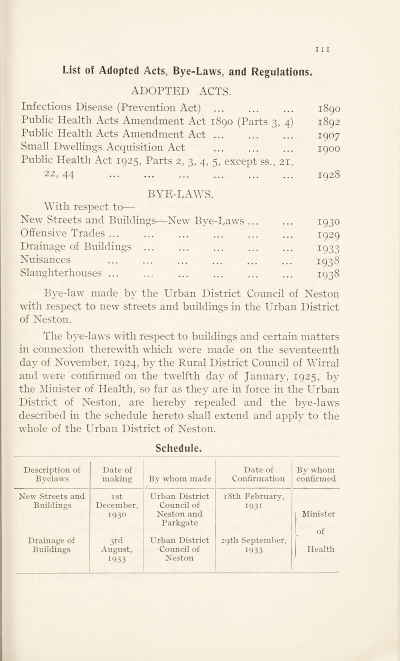 List of Adopted Acts, Bye-Laws, and Regulations. ADOPTED ACTS. Infectious Disease (Prevention Act) . Public Health Acts Amendment Act 1890 (Parts 3, 4) Public Health Acts Amendment Act ... Small Dwellings Acquisition Act Public Health Act 1925, Parts 2, 3, 4, 5, except ss., 21, ^ y 44 • • • ••• ••• ••• . • ♦ ... BYE-EAWS. With respect to— New Streets and Buildings—New Bye-Eaws. Offensive Trades ... . Drainage of Buildings. Nuisances . Slaughterhouses ... Bye-law made by the Urban District Council of Neston with respect to new streets and buildings in the Urban District of Neston. The bye-laws with respect to buildings and certain matters in connexion therewith which were made on the seventeenth day of November, 1924, by the Rural District Council of Wirral and were confirmed on the twelfth day of January, 1925, by the Minister of Health, so far as they are in force in the Urban District of Neston, are hereby repealed and the bye-laws described in the schedule hereto shall extend and apply to the whole of the Cuban District of Neston. 1890 1892 1907 1900 1928 1930 1929 1933 1938 1938 Schedule. Description of Byelaws Date of making By whom made Date of Confirmation By whom confirmed New Streets and 1st Urban District 18th February, Buildings December, Council of I93i 1930 Neston and Minister Parkgate of Drainage of 3rd Urban District 29th September, Buildings August, Council of 1933 Health 1933 Neston