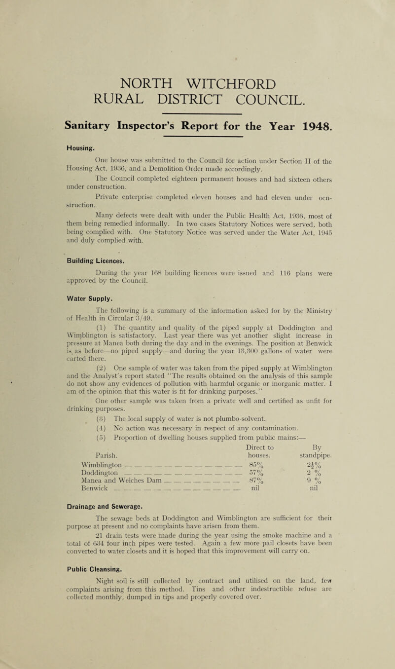 NORTH WITCHFORD RURAL DISTRICT COUNCIL. Sanitary Inspector’s Report for the Year 1948. Housing. One house was submitted to the Council for action under Section II of the Housing Act, 1936, and a Demolition Order made accordingly. The Council completed eighteen permanent houses and had sixteen others under construction. Private enterprise completed eleven houses and had eleven under con¬ struction. Many defects were dealt with under the Public Health Act, 1936, most of them being remedied informally. In two cases Statutory Notices were served, both being complied with. One Statutory Notice was served under the Water Act, 1945 and duly complied with. Building Licences. During the year 168 building licences were issued and 116 plans were approved by the Council. Water Supply. The following is a summary of the information asked for by the Ministry of Health in Circular 3/49. (1) The quantity and quality of the piped supply at Doddington and Wimblington is satisfactory. Last year there was yet another slight increase in pressure at Manea both during the day and in the evenings. The position at Benwick is. as before—no piped supply—and during the year 13,300 gallons of water were carted there. (2) One sample of water was taken from the piped supply at Wimblington and the Analyst’s report stated “The results obtained on the analysis of this sample do not show any evidences of pollution with harmful organic or inorganic matter. I am of the opinion that this water is fit for drinking purposes.” One other sample was taken from a private well and certified as unfit for drinking purposes. (3) The local supply of water is not plumbo-solvent. (4) No action was necessary in respect of any contamination. (5) Proportion of dwelling houses supplied from public mains:— Direct to By Parish. houses. standpipe Wimblington . . 85% ‘210/ 2 /O Doddington . . 57% 2 % Manea and Welches Dam. . 87% 9 % Benwick . .. nil nil Drainage and Sewerage. The sewage beds at Doddington and Wimblington are sufficient for theii purpose at present and no complaints have arisen from them. 21 drain tests were made during the year using the smoke machine and a total of 634 four inch pipes were tested. Again a few more pail closets have been converted to water closets and it is hoped that this improvement will carry on. Public Cleansing. Night soil is still collected by contract and utilised on the land, few complaints arising from this method. Tins and other indestructible refuse are collected monthly, dumped in tips and properly covered over.