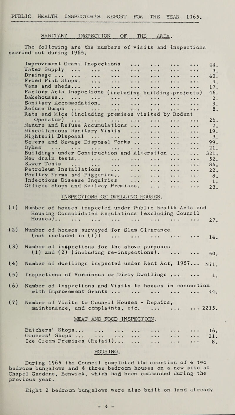 PUBLIC HEALTH INSPECTOR1S REPORT FOR THE YEAR 1965. sanitary INSPECTION OF THE AREA. (1) (2) (3) (4) (5) (6) (7) ng building visited by projects) Roden The following are the numbers of visits and inspections carried out during 1965. Improvement Grant Inspections Water Supply . Drainage ... ... ... ... Fried Fish Shops. ... ... Vans and sheds... ... ... Factory Acts Inspections (includi Bakehous es. ... ... Sanitary Accommodation. ... Refuse Dumps ... ... ... Rats and Mice (including premises Operator) . Manure and Refuse Accumulations Miscellaneous Sanitary Visits Nightsoil Disposal ... ... Severs and Sev/age Disposal Works Dykes ... ... ... ... Buildings under Construction and New drain tes ts.. ... ... oewer Tests . Petroleum Installations ... Poultry Farms and Piggeries.. Infectious Disease Inquiries Offices Shops and Railway Premises . teration 44. 3. 40. 4. 17. 46. 2. 9. 8. 26. 2. 19. 3. 99. 21. 321. 52. 86. 22. 8. 1. 23. INSPECTIONS OF DWELLING HOUSES. Number of houses inspected under Public Health Acts and Housing Consolidated Regulations (excluding Council i * ou s e s). . ... ... ... ... ... ... ... Number of houses surveyed for Slum Clearance (not included in (1)) ... ... ... ... ... 27. 14. Number of inspections for the above purposes (1) and (2) (including re-inspections). ... ... 50, Number of dwellings inspected under Rent Act, 1957... Nil. Inspections of Verminous or Dirty Dwellings ... ... 1. Number of Inspections and Visits to houses in connection with Improvement Grants ... ... ... ... ... 44. Number of Visits to Council Houses - Repairs, maintenance, and complaints, etc. ... MEAT AND FOOD INSPECTION. . . . 2215. Butchers’ Shops... ... ... Grocers' Shops ... ... ... Ice Cream Premises (Retail)... HOUSING. • • • 16. 21. 8. During 1965 the Council completed the erection of 4 two bedroom bungalows and 4 three bedroom houses on a new site at Chapel Gardens, Benwiclc, which had been commenced during the previous year. Eight 2 bedroom bungalows were also built on land already 4