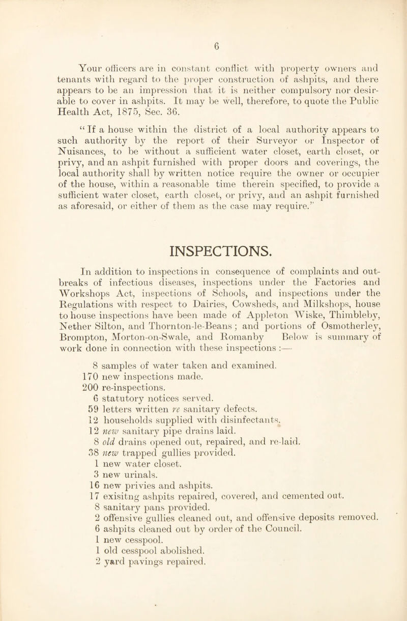 Your officers are in constant conflict with property owners and tenants with regard to the proper construction of ashpits, and there appears to be an impression that it is neither compulsory nor desir¬ able to cover in ashpits. It may be well, therefore, to quote the Public Health Act, 1875, Sec. 36. “If a house within the district of a local authority appears to such authority by the report of their Surveyor or Inspector of Nuisances, to be without a sufficient water closet, earth closet, or privy, and an ashpit furnished with proper doors and coverings, the local authority shall by written notice require the owner or occupier of the house, within a reasonable time therein specified, to provide a sufficient water closet, earth closet, or privy, and an ashpit furnished as aforesaid, or either of them as the case may require.’- INSPECTIONS. In addition to inspections in consequence of complaints and out¬ breaks of infectious diseases, inspections under the Factories and Workshops Act, inspections of Schools, and inspections under the Regulations with respect to Dairies, Cowsheds, and Milkshops, house to house inspections have been made of Appleton Wiske, Thimbleby, Nether Silton, and Thornton-le-Beans; and portions of Osmotherley, Rrompton, Morton-on-Swale, and Romanby Below is summary of work done in connection with these inspections :— 8 samples of water taken and examined. 170 new inspections made. 200 re-inspections. 6 statutory notices served. 59 letters written re sanitary defects. 12 households supplied with disinfectants. 12 new sanitary pipe drains laid. 8 old drains opened out, repaired, and re-laid. 38 new trapped gullies provided. 1 new water closet. 3 new urinals. 16 new privies and ashpits. 17 exisitng ashpits repaired, covered, and cemented out. 8 sanitary pans provided. 2 offensive gullies cleaned out, and offensive deposits removed. 6 ashpits cleaned out by order of the Council. 1 new cesspool. 1 old cesspool abolished. 2 yard pavings repaired.