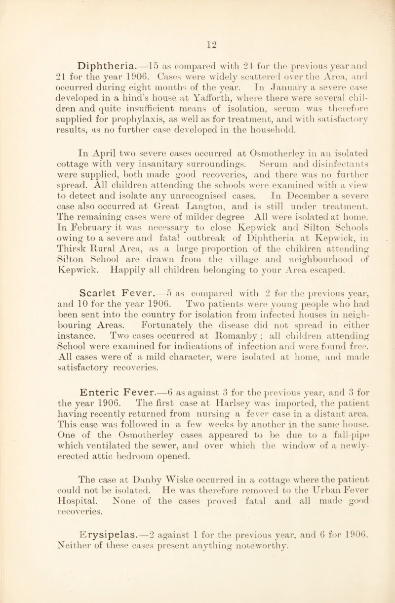 Diphtheria.—15 as compared with 24 for the previous year and 21 for the year 1906. Cases were widely scattered over the Area, and occurred during eight months of the year. In January a severe case developed in a hind’s house at Yafforth, where there were several chil¬ dren and quite insufficient means of isolation, serum was therefore supplied for prophylaxis, as well as for treatment, and with satisfactory results, as no further case developed in the household. In April two severe cases occurred at Osmotherley in an isolated cottage with very insanitary surroundings. Serum and disinfectants were supplied, both made good recoveries, and there was no further spread. All children attending the schools were examined with a view to detect and isolate any unrecognised cases. In December a severe case also occurred at Great Langton, and is still under treatment. The remaining; cases were of milder degree All were isolated at home. In February it was necessary to close Kepwick and Silton Schools owing to a severe and fatal outbreak of Diphtheria at Kepwick, in Thirsk Rural Area, as a large proportion of the children attending Silton School are drawn from the village and neighbourhood of Kepwick. Happily all children belonging to your Area escaped. Scarlet Fe ver.—5 as compared with 2 for the previous year, and 10 for the year 1906. Two patients were young people who had been sent into the country for isolation from infected houses in neigh¬ bouring Areas. Fortunately the disease did not spread in either instance. Two cases occurred at Romanby ; all children attending School were examined for indications of infection and were found free. All cases were of a mild character, were isolated at home, and made satisfactory recoveries. Knteric Fever.—6 as against 3 for the previous year, and 3 for the year 1906. The first case at Harlsey was imported, the patient having recently returned from nursing a fever case in a distant area. This case was followed in a few weeks by another in the same house. One of the Osmotherley cases appeared to be due to a fall-pipe which ventilated the sewer, and over which the window of a newly- erected attic bedroom opened. The case at Danby Wiske occurred in a cottage where the patient could not be isolated. He was therefore removed to the Urban Fever Hospital. None of the cases proved fatal and all made good recoveries. Erysipelas.—2 against 1 for the previous year, and 6 for 1906. Neither of these cases present anything noteworthy.