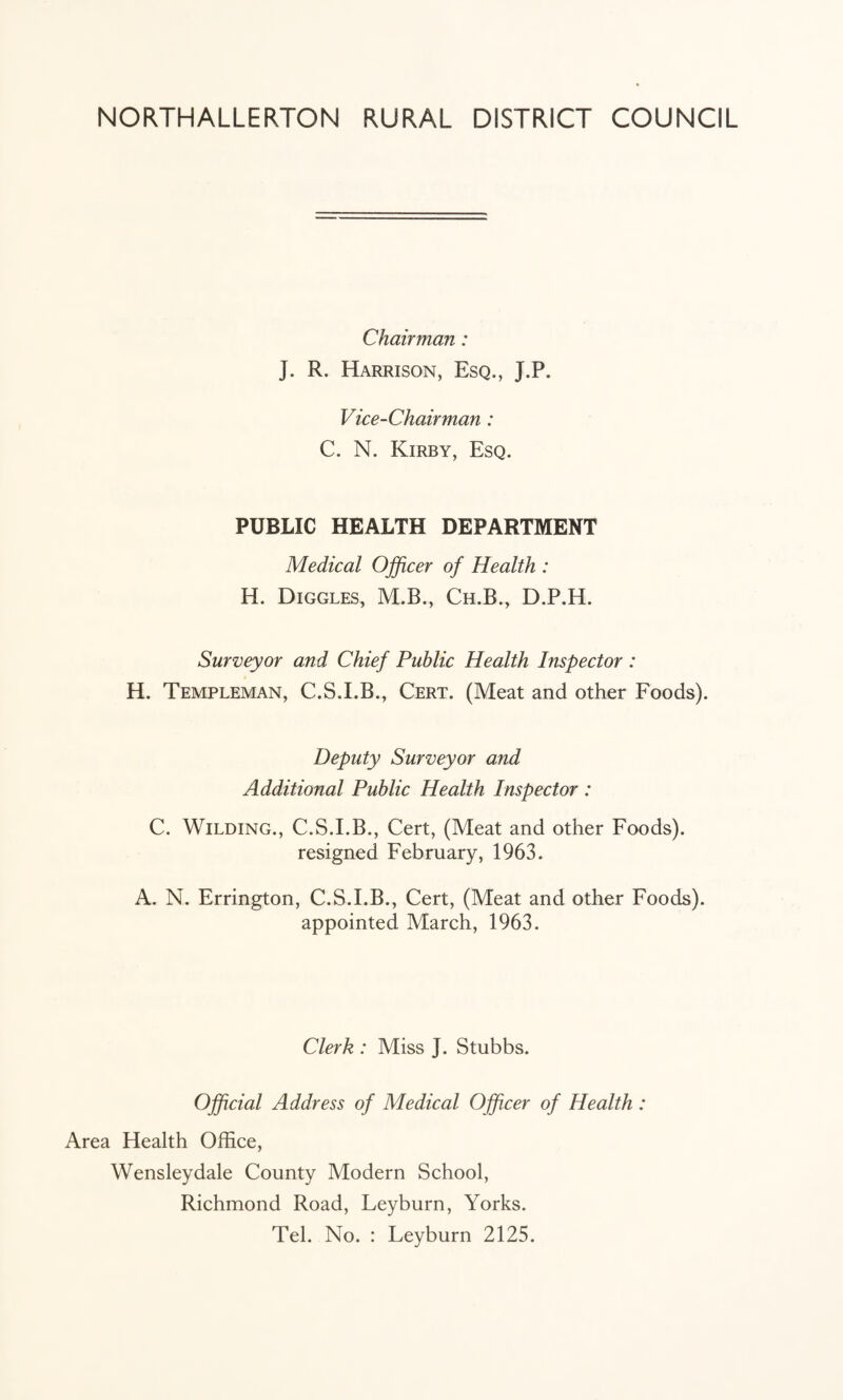 NORTHALLERTON RURAL DISTRICT COUNCIL Chairman: J. R. Harrison, Esq., J.P. Vice-Chairman: C. N. Kirby, Esq. PUBLIC HEALTH DEPARTMENT Medical Officer of Health : H. Diggles, M.B., Ch.B., D.P.H. Surveyor and Chief Public Health Inspector : H. Templeman, C.S.I.B., Cert. (Meat and other Foods). Deputy Surveyor and Additional Public Health Inspector : C. Wilding., C.S.I.B., Cert, (Meat and other Foods), resigned February, 1963. A. N. Errington, C.S.I.B., Cert, (Meat and other Foods). appointed March, 1963. Clerk : Miss J. Stubbs. Official Address of Medical Officer of Health : Area Health Office, Wensleydale County Modern School, Richmond Road, Leyburn, Yorks. Tel. No. : Leyburn 2125.