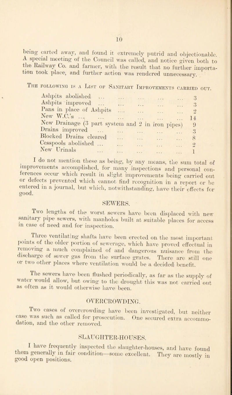 being carted away, and found it extremely putrid and objectionable. A special meeting of the Council was called, and notice given both to the Railway Co. and farmer, with the result that no further importa¬ tion took place, and further action was rendered unnecessary. The following is a List of Sanitary Improvements carried out. Ashpits abolished Ashpits improved Pans in place of Ashpits . , New W.Cl’si .., . New Drainage (3 part system and 2 in iron pipes) Drains improved Blocked Drains! cleared Cesspools! abolished ... New Urinals Q O 3 14 9 O O 8 9 I do not mention these as being, by any means, the sum total of improvements accomplished, for many inspections and personal con¬ ferences occur which result in slight improvements^ being carried out or defects prevented which cannot find recognition in a report or be entered m a journal, but which, notwithstanding, have their effects for good Two lengths, of the worst, sewers have been displaced with new sanitary pipe sewers, with manholes built, at suitable places for access in case of need1 and for inspection. . Tlneei ventilating shafts have been erected on the most important points of the older portion of sewerage, which have proved effectual in lemcving a, much complained of and dangerous nuisance from the discharge, of sewer gas from the surface grates. There are still one or two other places where ventilation would be a, decided; benefit. The sewersi have been flushed periodically, as far asi the supply of water would allow, but owing to the drought this was not carried out as often as it would otherwise' have been. OVERCROWDING. Two cases, of overcrowding have been investigated, but neither case was, such as called for prosecution. One secured extra accommo¬ dation, and the other removed. SLAUGHTER-HOUSES. I have frequently inspected the slaughter-houses, and have found them generally in. fair condition—some excellent-. They are mostlv in good open positions1.