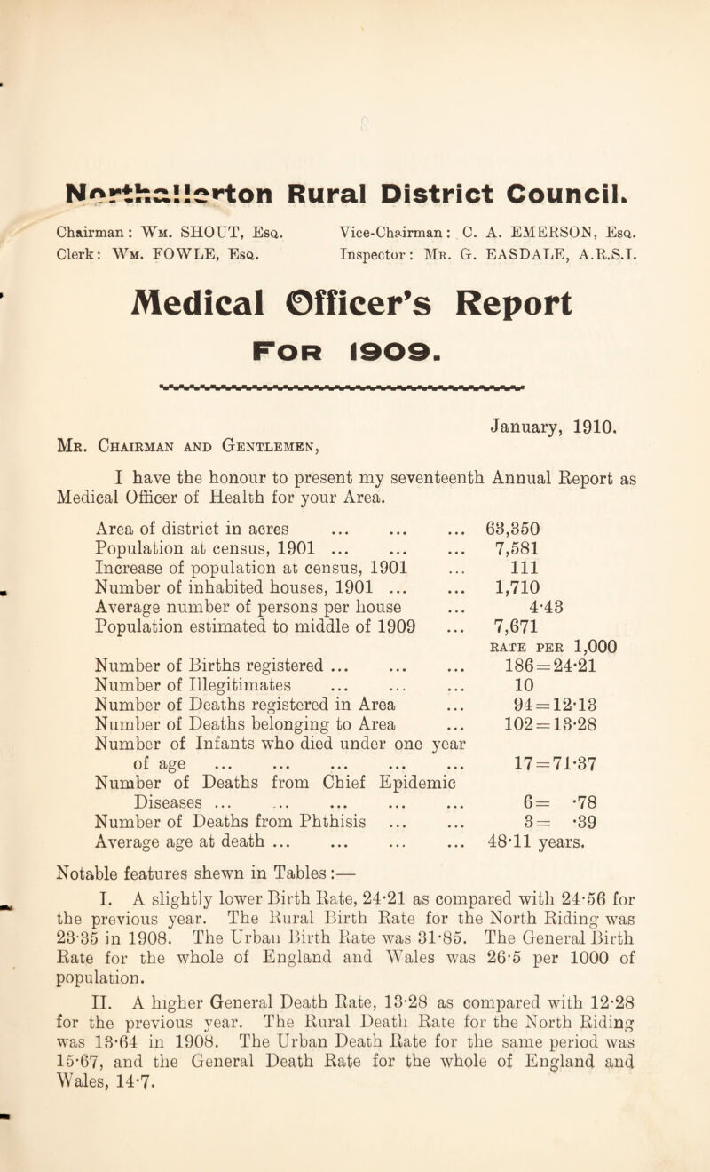 Northallerton Rural District Council. Chairman: Wm. SHOUT, Esq. Vice-Chairman: C. A. EMERSON, Esq. Clerk: Wm. FOWLE, Esq. Inspector: Mr. G. EASDALE, A.R.S.I. Medical Officer’s Report January, 1910. Mr. Chairman and Gentlemen, I have the honour to present my seventeenth Annual Report as Medical Officer of Health for your Area. Area of district in acres Population at census, 1901 ... Increase of population at census, 1901 Number of inhabited houses, 1901 ... Average number of persons per house Population estimated to middle of 1909 Number of Births registered ... Number of Illegitimates Number of Deaths registered in Area Number of Deaths belonging to Area Number of Infants who died under one year of age Number of Deaths from Chief Epidemic Diseases ... -.. ... ... ... Number of Deaths from Phthisis Average age at death ... Notable features shewn in Tables :— I. A slightly lower Birth Bate, 24*21 as compared with 24*56 for the previous year. The Rural Birth Rate for the North Riding was 28*35 in 1908. The Urban Birth Rate was 31*85. The General Birth Rate for the whole of England and Wales was 26*5 per 1000 of population. II. A higher General Death Rate, 13*28 as compared with 12*28 for the previous year. The Rural Death Rate for the North Riding was 13*64 in 1908. The Urban Death Rate for the same period was 15*67, and the General Death Rate for the whole of England and Wales, 14*7. 63,350 7,581 111 1,710 4*43 7,671 RATE PER 1,000 186 = 24*21 10 94 = 12*13 102 = 13*28 17 = 71-37 6= *78 3= *39 48*11 years.