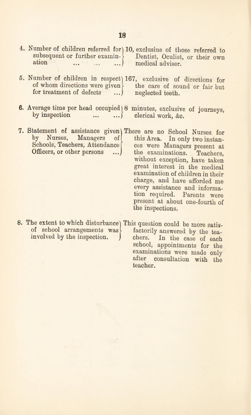 4^ Number of children referred fori subsequent or further examin¬ ation .J 5. Number of children in respect' of whom directions were given for treatment of defects 6. Average time per head occupied) by inspection .j 7. Statement of assistance given' by Nurses, Managers of Schools, Teachers, Attendance ’ Officers, or other persons 8. The extent to which disturbance' of school arrangements was involved by the inspection. 10, exclusiue of those referred to Dentist, Oculist, or their own medical adviser. 167, exclusive of directions for the care of sound or fair but neglected teeth. 8 minutes, exclusive of journeys, clerical work, &c. There are no School Nurses for this Area. In only two instan¬ ces were Managers present at the examinations. Teachers, without exception, have taken great, interest in the medical examination of children in their charge, and have afforded me every assistance and informa¬ tion required. Parents were present at about one-fourth of the inspections. This question could be more satis¬ factorily answered by the tea¬ chers. In the case of each school, appointments for the examinations were made only after consultation with the teacher.