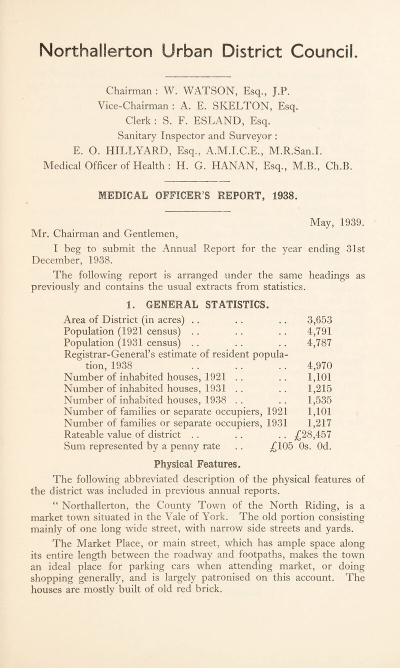 Northallerton Urban District Council. Chairman : W. WATSON, Esq., J.P. Vice-Chairman : A. E. SKELTON, Esq. Clerk : S. F. ESLAND, Esq. Sanitary Inspector and Surveyor : E. O. HILLYARD, Esq., A.M.I.C.E., M.R.San.I. Medical Officer of Health : H. G. 11 AN AN, Esq., M.B., Ch.B. MEDICAL OFFICER’S REPORT, 1938. May, 1939. Air. Chairman and Gentlemen, I beg to submit the Annual Report for the year ending 31st December, 1938. The following report is arranged under the same headings as previously and contains the usual extracts from statistics. 1. GENERAL STATISTICS. Area of District (in acres) .. . . .. 3,653 Population (1921 census) . . . . . . 4,791 Population (1931 census) . . . . . . 4,787 Registrar-General’s estimate of resident popula¬ tion, 1938 . . . . . . 4,970 Number of inhabited houses, 1921 . . . . 1,101 Number of inhabited houses, 1931 . . . . 1,215 Number of inhabited houses, 1938 . . . . 1,535 Number of families or separate occupiers, 1921 1,101 Number of families or separate occupiers, 1931 1,217 Rateable value of district . . . . . . £28,457 Sum represented by a penny rate . . £105 Os. Od. Physical Features. The following abbreviated description of the physical features of the district was included in previous annual reports. “ Northallerton, the County Town of the North Riding, is a market town situated in the Vale of York. The old portion consisting mainly of one long wide street, with narrow side streets and yards. The Market Place, or main street, which has ample space along its entire length between the roadway and footpaths, makes the town an ideal place for parking cars when attending market, or doing shopping generally, and is largely patronised on this account. The houses are mostly built of old red brick.