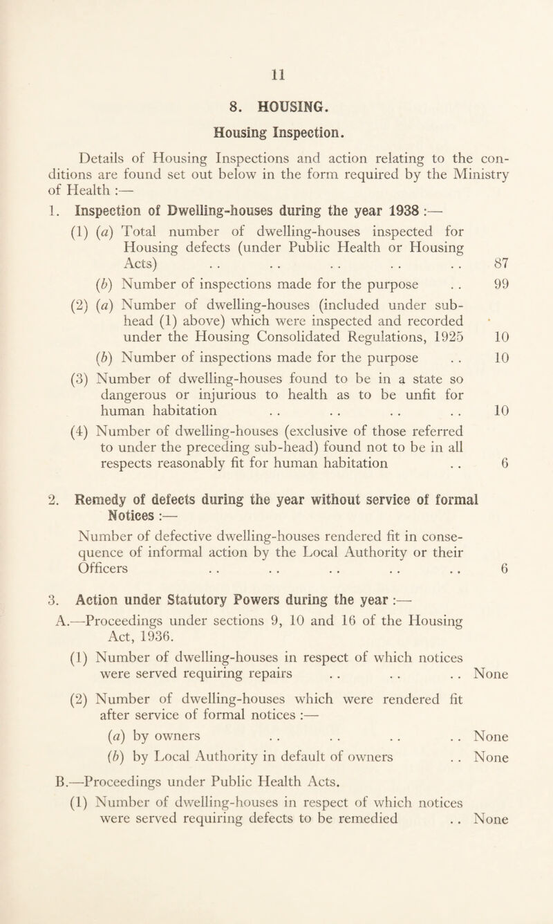 8. HOUSING. Housing Inspection. Details of Housing Inspections and action relating to the con¬ ditions are found set out below in the form required by the Ministry of Health :— 1. Inspection of Dwelling-houses during the year 1938 :— (1) (a) Total number of dwelling-houses inspected for Housing defects (under Public Plealth or Housing Acts) . . . . . . . . . . 87 (b) Number of inspections made for the purpose . . 99 (2) (a) Number of dwelling-houses (included under sub¬ head (1) above) which were inspected and recorded under the Housing Consolidated Regulations, 1925 10 (b) Number of inspections made for the purpose . . 10 (3) Number of dwelling-houses found to be in a state so dangerous or injurious to health as to be unfit for human habitation . . . . . . . . 10 (4) Number of dwelling-houses (exclusive of those referred to under the preceding sub-head) found not to be in all respects reasonably fit for human habitation . . 6 2. Remedy of defects during the year without service of formal Notices :— Number of defective dwelling-houses rendered fit in conse¬ quence of informal action by the Local Authority or their Officers 3. Action under Statutory Powers during the year:— A. —Proceedings under sections 9, 10 and 16 of the Housing Act, 1936. (1) Number of dwelling-houses in respect of which notices were served requiring repairs (2) Number of dwelling-houses which were rendered fit after service of formal notices :— (a) by owners (b) by Local Authority in default of owners B. —Proceedings under Public Health Acts. (1) Number of dwelling-houses in respect of which notices were served requiring defects to be remedied 6 None None None None