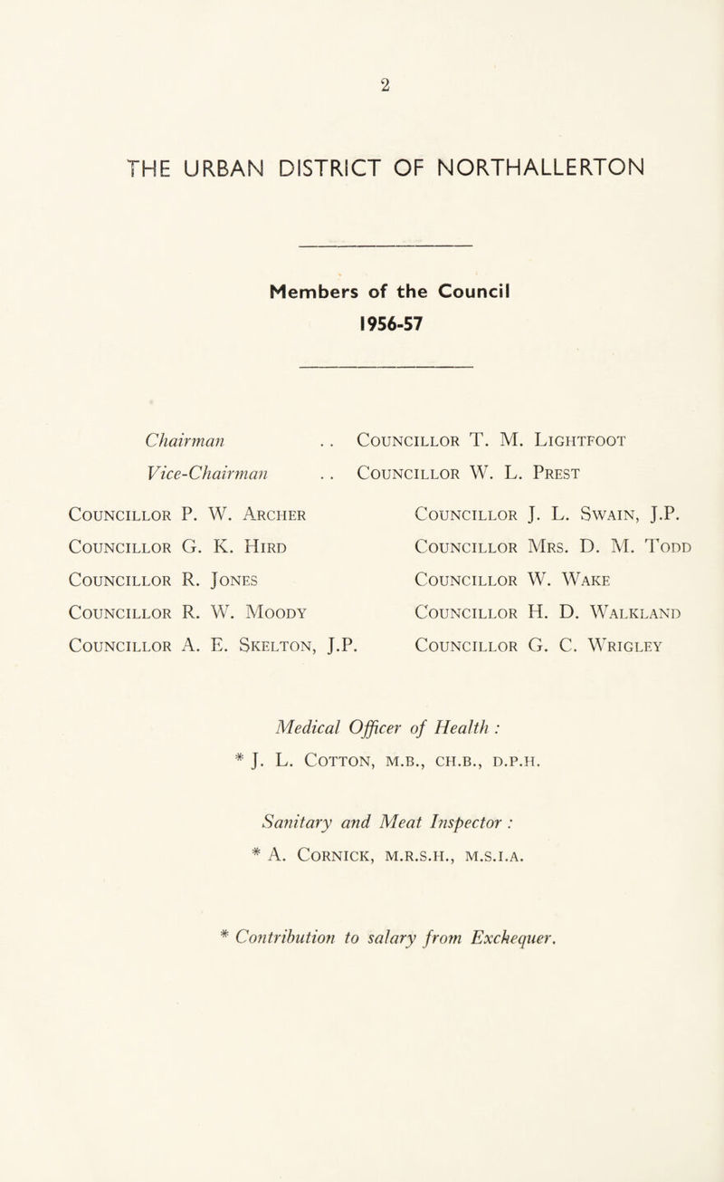 THE URBAN DISTRICT OF NORTHALLERTON Members of the Council 1956-57 Chairman Vice-Chairman Councillor P. W. Archer Councillor G. K. Hird Councillor R. Jones Councillor R. W. Moody Councillor A. E. Skelton, J.P. Councillor T. M. Lightfoot Councillor W. L. Prest Councillor J. L. Swain, J.P. Councillor Mrs. D. M. Todd Councillor W. Wake Councillor H. D. Walkland Councillor G. C. Wrigley Medical Officer of Health : * J. L. Cotton, m.b., ch.b., d.p.h. Sanitary and Meat Inspector : * A. CORNICK, M.R.S.H., M.S.I.A. * Contributio?i to salary from Exchequer.