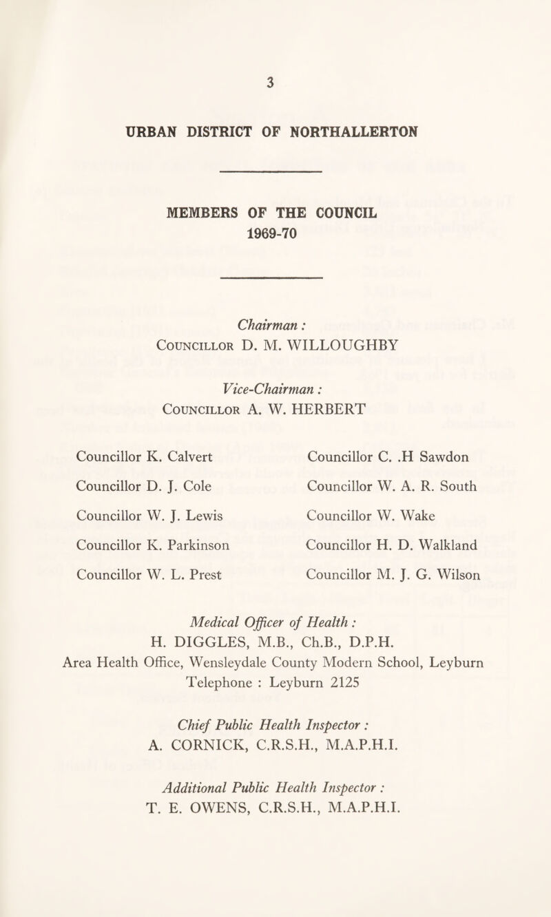 URBAN DISTRICT OF NORTHALLERTON MEMBERS OF THE COUNCIL 1969-70 Chairman: Councillor D. M. WILLOUGHBY Vice-Chairman: Councillor A. W. HERBERT Councillor K. Calvert Councillor D. J. Cole Councillor W. J. Lewis Councillor K. Parkinson Councillor W. L. Prest Councillor C. .H Sawdon Councillor W. A. R. South Councillor W. Wake Councillor H. D. Walkland Councillor M. J. G. Wilson Medical Officer of Health : H. DIGGLES, M.B., Ch.B., DJP.H. Area Health Office, Wensleydale County Modem School, Leyburn Telephone : Leyburn 2125 Chief Public Health Inspector : A. CORNICK, C.R.S.H., M.A.P.H.I. Additional Public Health Inspector : T. E. OWENS, C.R.S.H., M.A.P.H.I.