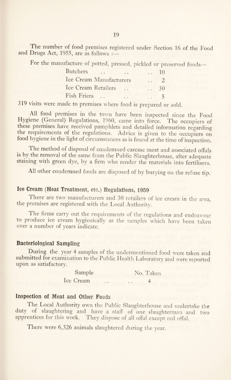The number of food premises registered under Section 16 of the Food and Drugs Act, 1955, are as follows :— For the manufacture of potted, pressed, pickled or preserved foods— Butchers . . . . . . 10 Ice Cream Manufacturers . . 2 Ice Cream Retailers . . . . 30 Fish Friers . . . . . . 5 319 visits were made to premises where food is prepared or sold. All food premises in the town have been inspected since the Food Hygiene (General) Regulations, 1960, came into force. The occupiers of these premises have received pamphlets and detailed information regarding the requirements of the regulations. Advice is given to the occupiers on food hygiene in the light of circumstances as is found at the time of inspection. The method of disposal of condemned carcase meat and associated offals is by the removal of the same from the Public Slaughterhouse, after adequate staining with green dye, by a firm who render the materials into fertilisers. All other condemned foods are disposed of by burying on the refuse tip. Ice Cream (Heat Treatment, etc.) Regulations, 1959 There are two manufacturers and 30 retailers of ice cream in the area, the premises are registered with the Local Authority. The firms carry out the requirements of the regulations and endeavour to produce ice cream hygienically as the samples which have been taken over a number of years indicate. Bacteriological Sampling During the year 4 samples of the undermentioned food were taken and submitted for examination to the Public Health Laboratory and were reported upon as satisfactory. Sample No. Taken Ice Cream . . . . 4 Inspection of Meat and Other Foods The Local Authority own the Public Slaughterhouse and undertake the duty of slaughtering and have a staff of one slaughterman and two apprentices for this work. They dispose of all offal except red offal. There were 6,326 animals slaughtered during the year.