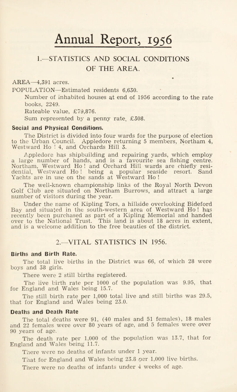 1.—STATISTICS AND SOCIAL CONDITIONS OF THE AREA. AREA—4,391 acres. POPULATION—Estimated residents 6,630. Number of inhabited houses at end of 1956 according to the rate books, 2249. Rateable value, £79,876. Sum represented by a penny rate. £308. Social and Physical Conditions. The District is divided into four wards for the purpose of election to the Urban Council. Appledore returning 5 members, Northam 4, Westward Ho ! 4, and Orchards Hill 3. Appledore has shipbuilding and repairing yards, which employ a large number of hands, and is a favourite sea fishing centre. Northam, Westward Ho ! and Orchard Hill wards are chiefly resi¬ dential, Westward Ho ! being a popular seaside resort. Sand Yachts are in use on the sands at Westward Ho ! The well-known championship links of the Royal North Devon Golf Club are situated on Northam Burrows, and attract a large number of visitors during the year. Under the name of Kipling Tors, a hillside overlooking Bideford Bay and situated in the south-western area of Westward Ho ! has recently been purchased as part of a Kipling Memorial and handed over to the National Trust. This land is about 18 acres in extent, and is a welcome addition to the free beauties of the district. 2.—VITAL STATISTICS IN 1956. Births and Birth Rate. The total live births in the District was 66, of which 28 were boys and 38 girls. There were 2 still births registered. The live birth rate per 1000 of the population was 9.95, that for England and Wales being 15.7. The still birth rate per 1,000 total live and still births was 29.5, that for England and Wales being 23.0. Deaths and Death Rate The total deaths were 91, (40 males and 51 females), 18 males and 22 females were over 80 years of age, and 5 females were over 90 years of age. The death rate per 1,000 of the population was 13.7, that for England and Wales being 11.7. There were no deaths of infants under 1 year. That for England and Wales being 23.8 per 1,000 live births. There were no deaths of infants under 4 weeks of age.