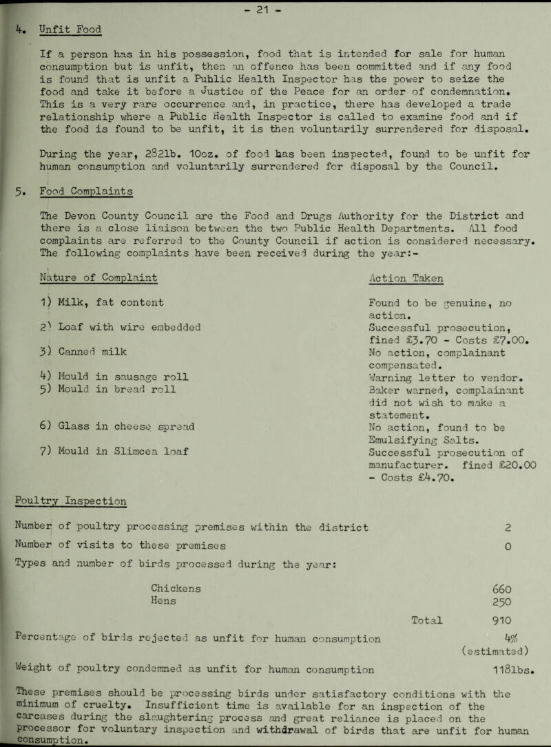 4. Unfit Food If a person has in his possession, food that is intended for sale for human consumption but is unfit, then an offence has been committed and if any food is found that is unfit a Public Health Inspector has the power to seize the food and take it before a Justice of the Peace for an order of condemnation. This is a very rare occurrence and, in practice, there has developed a trade relationship where a Public Health Inspector is called to examine food and if the food is found to be unfit, it is then voluntarily surrendered for disposal. During the year, 2821b. lOoz. of food has been inspected, found to be unfit for human consumption and voluntarily surrendered for disposal by the Council. 5. Food Complaints The Devon County Council are the Food and Drugs Authority for the District and there is a close liaison between the two Public Health Departments. All food complaints are referred to the County Council if action is considered necessary. The following complaints have been received during the year:- Nature of Complaint l) Milk, fat content 2^ Loaf with wire embedded 3) Canned milk 4) Mould in sausage roll 5) Mould in bread roll 6) Glass in cheese spread 7) Mould in Slimcea loaf Action Taken Found to be genuine, no action. Successful prosecution, fined £3.70 - Costs £7.00. No action, complainant compensated. Warning letter to vendor. Baker warned, complainant did not wish to make a statement. No action, found to be Emulsifying Salts. Successful prosecution of manufacturer, fined £20.00 - Costs £4.70. Poultry Inspection Number of poultry processing premises within the district 2 Number of visits to these premises 0 Types and number of birds processed during the year: Chickens 660 Hens 250 Total 910 Percentage of birIs rejected as unfit for human consumption 4# (estimated) Weight of poultry condemned as unfit for human consumption IlSlbs. These premises should be processing birds under satisfactory conditions with the minimum of cruelty. Insufficient time is available for an inspection of the carcases during the slaughtering process and great reliance is placed on the processor for voluntary inspection and withdrawal of birds that are unfit for human consumption.