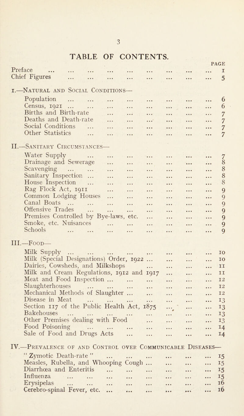 TABLE OF CONTENTS. PAGE Preface ... ... ... ... ... ... • • • • • • • • • 1 Chief Figures . • • • • • • • • • 5 i.—Natural and Social Conditions— Population 6 Census, 1921 ... 6 Births and Birth-rate 7 Deaths and Death-rate 7 Social Conditions 7 Other Statistics 7 II.—Sanitary Circumstances— Water Supply 7 Drainage and Sewerage 8 Scavenging . 8 Sanitary Inspection ... 8 House Inspection 8 Rag Flock Act, 1911 9 Common Lodging Houses ... 9 Canal Boats 9 Offensive Trades 9 Premises Controlled by Bye-laws, etc. 9 Smoke, etc. Nuisances 9 Schools 9 III.—Food— Milk Supply ... . 10 Milk (Special Designations) Order, 1922 ... 10 Dairies, Cowsheds, and Milkshops 11 Milk and Cream Regulations, 1912 and 1917 11 Meat and Food Inspection ... 12 Slaughterhouses 12 Mechanical Methods of Slaughter ... 12 Disease in Meat 13 Section 117 of the Public Health Act, 1875 *• 13 Bakehouses 0 13 Other Premises dealing with Food 13 Food Poisoning . H Sale of Food and Drugs Acts 14 IV.—Prevalence of and Control over Communicable Diseases- “ Zymotic Death-rate ” i5 Measles, Rubella, and Whooping Cough ... 15 Diarrhoea and Enteritis 15 Influenza 15 Erysipelas . 16 Cerebro-spinal Fever, etc. ... 9 • • 9 • 9 9 • • 16