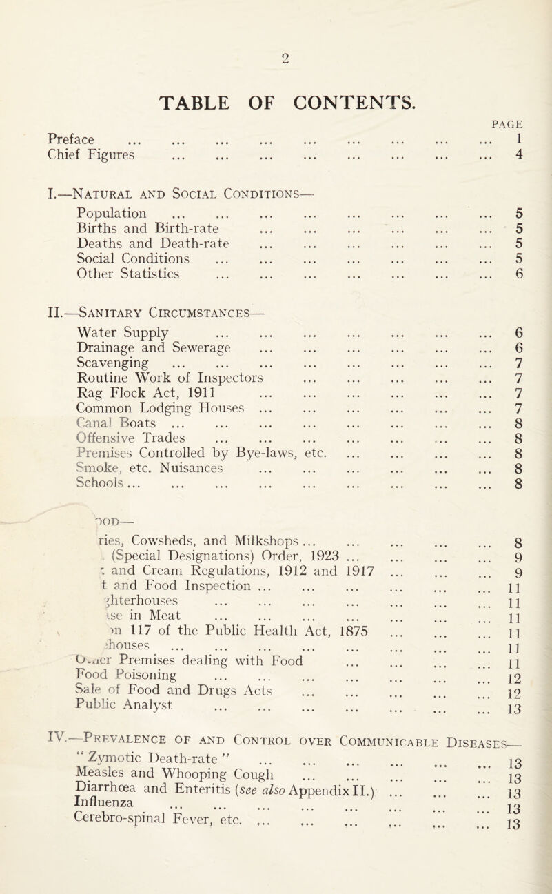 o TABLE OF CONTENTS. Preface ... ... ... ... ... ... Chief Figures PAGE 1 4 I.—Natural and Social Conditions— Population ... ... ... ... ... ... ... ... 5 Births and Birth-rate ... ... ... ... ... ... 5 Deaths and Death-rate ... ... ... ... ... ... 5 Social Conditions ... ... ... ... ... ... ... 5 Other Statistics ... ... ... ... ... ... ... 6 II.—Sanitary Circumstances— Water Supply ... ... ... ... ... ... ... 6 Drainage and Sewerage ... ... ... ... ... ... 6 Scavenging ... ... ... ... ... ... ... ... 7 Routine Work of Inspectors ... ... ... ... ... 7 Rag Flock Act, 1911 ... . ... ... ... 7 Common Lodging Houses ... ... ... ... ... ... 7 Canal Boats ... ... ... ... ... ... ... ... 8 Offensive Trades ... ... ... ... ... ... ... 8 Premises Controlled by Bye-laws, etc. ... ... ... ... 8 Smoke, etc. Nuisances ... ... ... ... ... ... 8 Schools... ... ... ... ... ... ... ... ... 8 OOD-— ries, Cowsheds, and Milkshops... ... ... ... ... 8 (Special Designations) Order, 1923 ... ... ... ... 9 : and Cream Regulations, 1912 and 1917 ... ... ... 9 t and Food Inspection ... ... ... ... ... ... n ^hterhouses ... ... ... ... ... ... ... \ \ ise in Meat . \ j m 117 of the Public Health Act, 1875 ... ... ... n ^houses . 11 Owier Premises dealing with Food ... ... ... ... n Food Poisoning . 12 Sale of Food and Drugs Acts . . ... 12 Public Analyst . *” iq IV.—Prevalence of and Control over Communicable Diseases_ “ Zymotic Death-rate ” . Measles and Whooping Cough Diarrhoea and Enteritis (see also Appendix II.) Influenza . Cerebro-spinal Fever, etc. 13 13 13 13 13