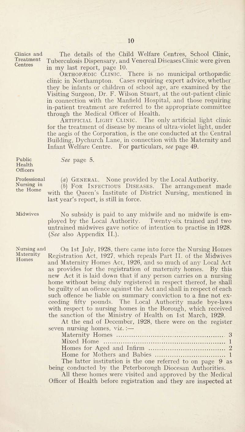 Clinics and The details of the Child Welfare Centres, School Clinic, Treatment Tuberculosis Dispensary, and Venereal Diseases Clinic were given entres jn my iast rep0rp page 10. Orthopedic Clinic. There is no municipal orthopaedic clinic in Northampton. Cases requiring expert advice, whether they be infants or children of school age, are examined by the Visiting Surgeon, Dr. F. Wilson Stuart, at the out-patient clinic in connection with the Manheld Hospital, and those requiring in-patient treatment are referred to the appropriate committee through the Medical Officer of Health. Artificial Light Clinic. The only artificial light clinic for the treatment of disease by means of ultra-violet light, under the aegis of the Corporation, is the one conducted at the Central Building, Dychurch Lane, in connection with the Maternity and Infant Welfare Centre. For particulars, see page 49. Public See page 5. Health Officers Professional (a) General. N one provided by the Local Authority. Nursing m p0R Infectious Diseases. The arrangement made t e ome ^he Queers Institute of District Nursing, mentioned in last year’s report, is still in force. Midwives No subsidy is paid to any midwife and no midwife is em¬ ployed by the Local Authority. Twenty-six trained and two untrained midwives gave notice of intention to practise in 1928. (See also Appendix II.). Nursing and On 1st July, 1928, there came into force the Nursing Homes Homes^ Registration Act, 1927, which repeals Part II. of the Midwives and Maternity Homes Acc, 1926, and so much of any Local Act as provides for the registration of maternity homes. By this new Act it is laid down that if any person carries on a nursing home without being duly registered in respect thereof, he shall be guilty of an offence against the Act and shall in respect of each such offence be liable on summary conviction to a fine not ex¬ ceeding fifty pounds. The Local Authority made bye-laws with respect to nursing homes in the Borough, which received the sanction of the Ministry of Health on 1st March, 1929. At the end of December, 1928, there were on the register seven nursing homes, viz. :— Maternity Homes .... 3 Mixed Home ... 1 Homes for Aged and Infirm ... 2 Home for Mothers and Babies . 1 The latter institution is the one referred to on page 9 as being conducted by the Peterborough Diocesan Authorities. All these homes were visited and approved by the Medical Officer of Health before registration and they are inspected at