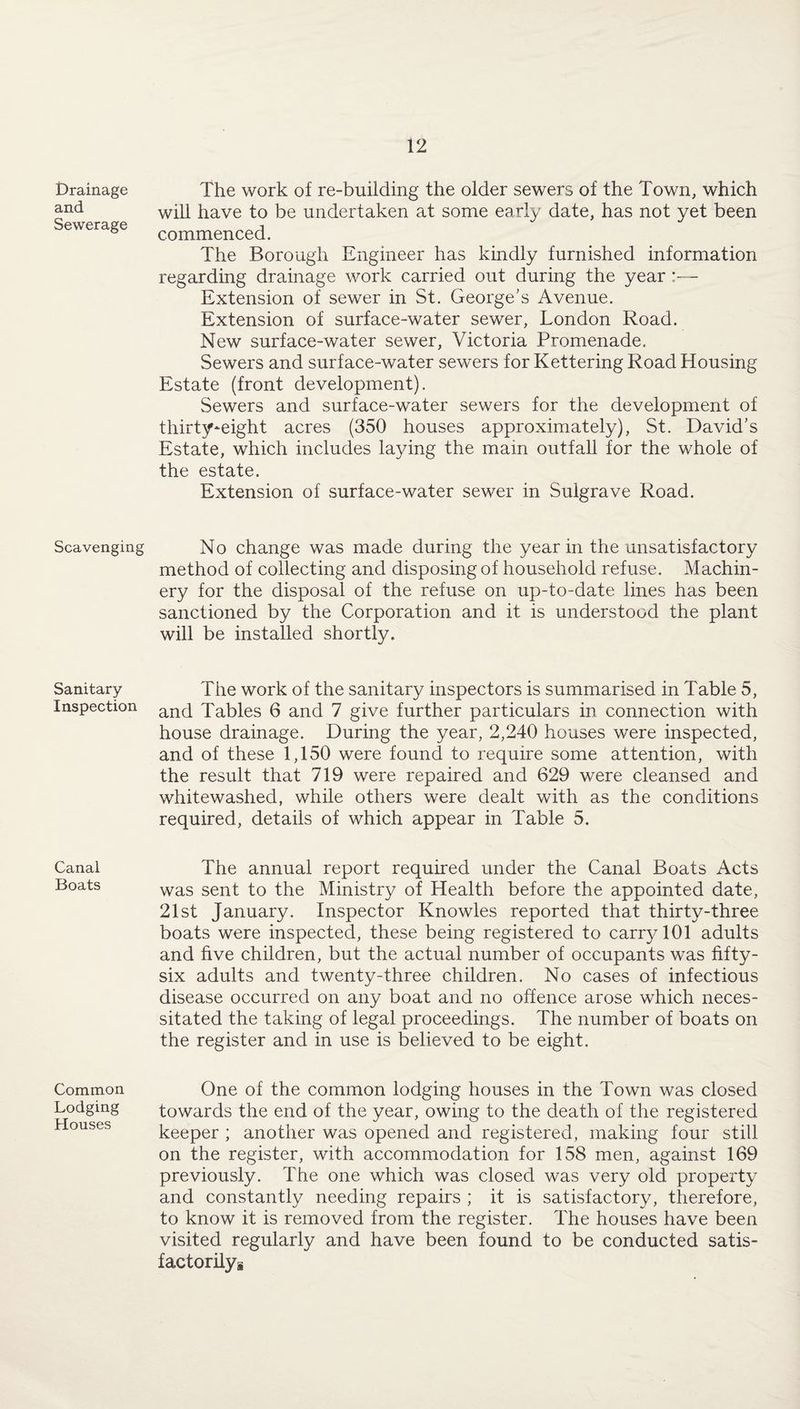 Drainage and Sewerage Scavenging Sanitary- Inspection Canal Boats Common Lodging Houses The work of re-building the older sewers of the Town, which will have to be undertaken at some early date, has not yet been commenced. The Borough Engineer has kindly furnished information regarding drainage work carried out during the year :— Extension of sewer in St. George’s Avenue. Extension of surface-water sewer, London Road. New surface-water sewer, Victoria Promenade. Sewers and surface-water sewers for Kettering Road Housing Estate (front development). Sewers and surface-water sewers for the development of thirty-eight acres (350 houses approximately), St. David’s Estate, which includes laying the mam outfall for the whole of the estate. Extension of surface-water sewer in Sulgrave Road. No change was made during the year in the unsatisfactory method of collecting and disposing of household refuse. Machin¬ ery for the disposal of the refuse on up-to-date lines has been sanctioned by the Corporation and it is understood the plant will be installed shortly. The work of the sanitary inspectors is summarised in Table 5, and Tables 6 and 7 give further particulars in connection with house drainage. During the year, 2,240 houses were inspected, and of these 1,150 were found to require some attention, with the result that 719 were repaired and 629 were cleansed and whitewashed, while others were dealt with as the conditions required, details of which appear in Table 5. The annual report required under the Canal Boats Acts was sent to the Ministry of Health before the appointed date, 21st January. Inspector Knowles reported that thirty-three boats were inspected, these being registered to carry 101 adults and five children, but the actual number of occupants was fifty- six adults and twenty-three children. No cases of infectious disease occurred on any boat and no offence arose which neces¬ sitated the taking of legal proceedings. The number of boats on the register and in use is believed to be eight. One of the common lodging houses in the Town was closed towards the end of the year, owing to the death of the registered keeper ; another was opened and registered, making four still on the register, with accommodation for 158 men, against 169 previously. The one which was closed was very old property and constantly needing repairs ; it is satisfactory, therefore, to know it is removed from the register. The houses have been visited regularly and have been found to be conducted satis¬ factorily!