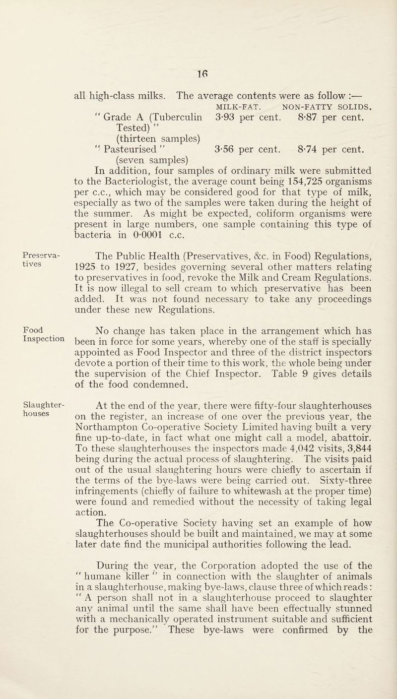 Preserva¬ tives Food Inspection Slaughter¬ houses all high-class milks. The average contents were as follow :— MILK-FAT. NON-FATTY SOLIDS. “ Grade A (Tuberculin 3*93 per cent. 8-87 per cent. Tested) ” (thirteen samples) Pasteurised ” 3*56 per cent. 8-74 per cent, (seven samples) In addition, four samples of ordinary milk were submitted to the Bacteriologist, the average count being 154,725 organisms per c.c., which may be considered good for that type of milk, especially as two of the samples were taken during the height of the summer. As might be expected, coliform organisms were present in large numbers, one sample containing this type of bacteria in 0-0001 c.c. The Public Health (Preservatives, &c. in Food) Regulations, 1925 to 1927, besides governing several other matters relating to preservatives in food, revoke the Milk and Cream Regulations. It is now illegal to sell cream to which preservative has been added. It was not found necessary to take any proceedings under these new Regulations. No change has taken place in the arrangement which has been in force for some years, whereby one of the staff is specially appointed as Food Inspector and three of the district inspectors devote a portion of their time to this work, the whole being under the supervision of the Chief Inspector. Table 9 gives details of the food condemned. At the end of the year, there were fifty-four slaughterhouses on the register, an increase of one over the previous year, the Northampton Co-operative Society Limited having built a very fine up-to-date, in fact what one might call a model, abattoir. To these slaughterhouses the inspectors made 4,042 visits, 3,844 being during the actual process of slaughtering. The visits paid out of the usual slaughtering hours were chiefly to ascertain if the terms of the bye-laws were being carried out. Sixty-three infringements (chiefly of failure to whitewash at the proper time) were found and remedied without the necessity of taking legal action. The Co-operative Society having set an example of how slaughterhouses should be built and maintained, we may at some later date find the municipal authorities following the lead. During the year, the Corporation adopted the use of the “ humane killer ” in connection with the slaughter of animals in a slaughterhouse, making bye-laws, clause three of which reads: “ A person shall not in a slaughterhouse proceed to slaughter any animal until the same shall have been effectually stunned with a mechanically operated instrument suitable and sufficient for the purpose.” These bye-laws were confirmed by the