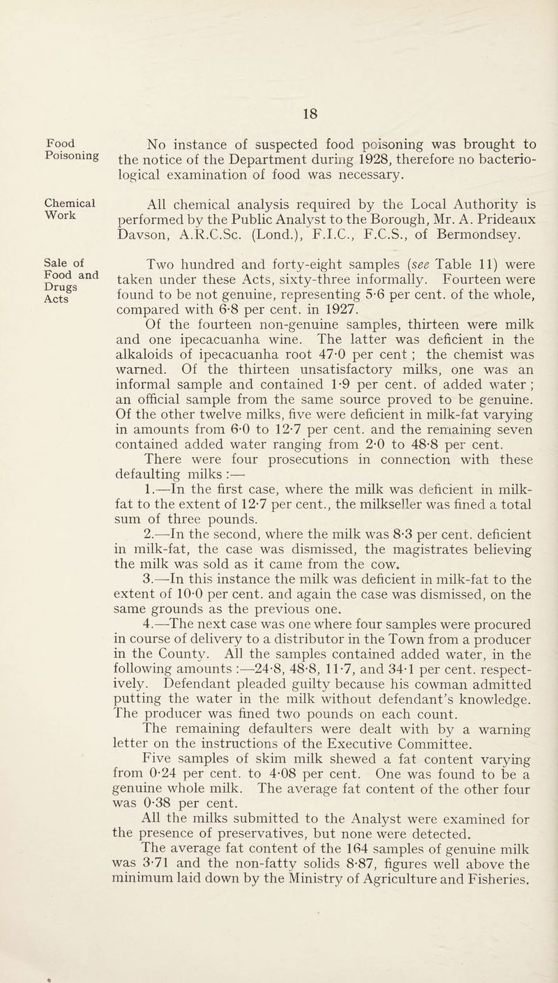 Food Poisoning Chemical Work Sale of Food and Drugs Acts No instance of suspected food poisoning was brought to the notice of the Department during 1928, therefore no bacterio¬ logical examination of food was necessary. All chemical analysis required by the Local Authority is performed by the Public Analyst to the Borough, Mr. A. Prideaux Davson, A.R.C.Sc. (Lond.), F.I.C., F.C.S., of Bermondsey. Two hundred and forty-eight samples (see Table 11) were taken under these Acts, sixty-three informally. Fourteen were found to be not genuine, representing 5-6 per cent, of the whole, compared with 6-8 per cent, in 1927. Of the fourteen non-genuine samples, thirteen were milk and one ipecacuanha wine. The latter was deficient in the alkaloids of ipecacuanha root 47-0 per cent ; the chemist was warned. Of the thirteen unsatisfactory milks, one was an informal sample and contained T9 per cent, of added water; an official sample from the same source proved to be genuine. Of the other twelve milks, five were deficient in milk-fat varying in amounts from 6-0 to 12-7 per cent, and the remaining seven contained added water ranging from 2-0 to 48*8 per cent. There were four prosecutions in connection with these defaulting milks :— 1. —In the first case, where the milk was deficient in milk- fat to the extent of 12*7 per cent., the milkseller was fined a total sum of three pounds. 2. -—-In the second, where the milk was 8-3 per cent, deficient in milk-fat, the case was dismissed, the magistrates believing the milk was sold as it came from the cow. 3. —In this instance the milk was deficient in milk-fat to the extent of 10-0 per cent, and again the case was dismissed, on the same grounds as the previous one. 4. —The next case was one where four samples were procured in course of delivery to a distributor in the Town from a producer in the County. All the samples contained added water, in the following amounts :—24*8, 48-8, 1T7, and 34-1 per cent, respect¬ ively. Defendant pleaded guilty because his cowman admitted putting the water in the milk without defendant’s knowledge. The producer was fined two pounds on each count. The remaining defaulters were dealt with by a warning letter on the instructions of the Executive Committee. Five samples of skim milk shewed a fat content varying from 0-24 per cent, to 4-08 per cent. One was found to be a genuine whole milk. The average fat content of the other four was 0*38 per cent. All the milks submitted to the Analyst were examined for the presence of preservatives, but none were detected. The average fat content of the 164 samples of genuine milk was 3-71 and the non-fatty solids 8-87, figures well above the minimum laid down by the Ministry of Agriculture and Fisheries.
