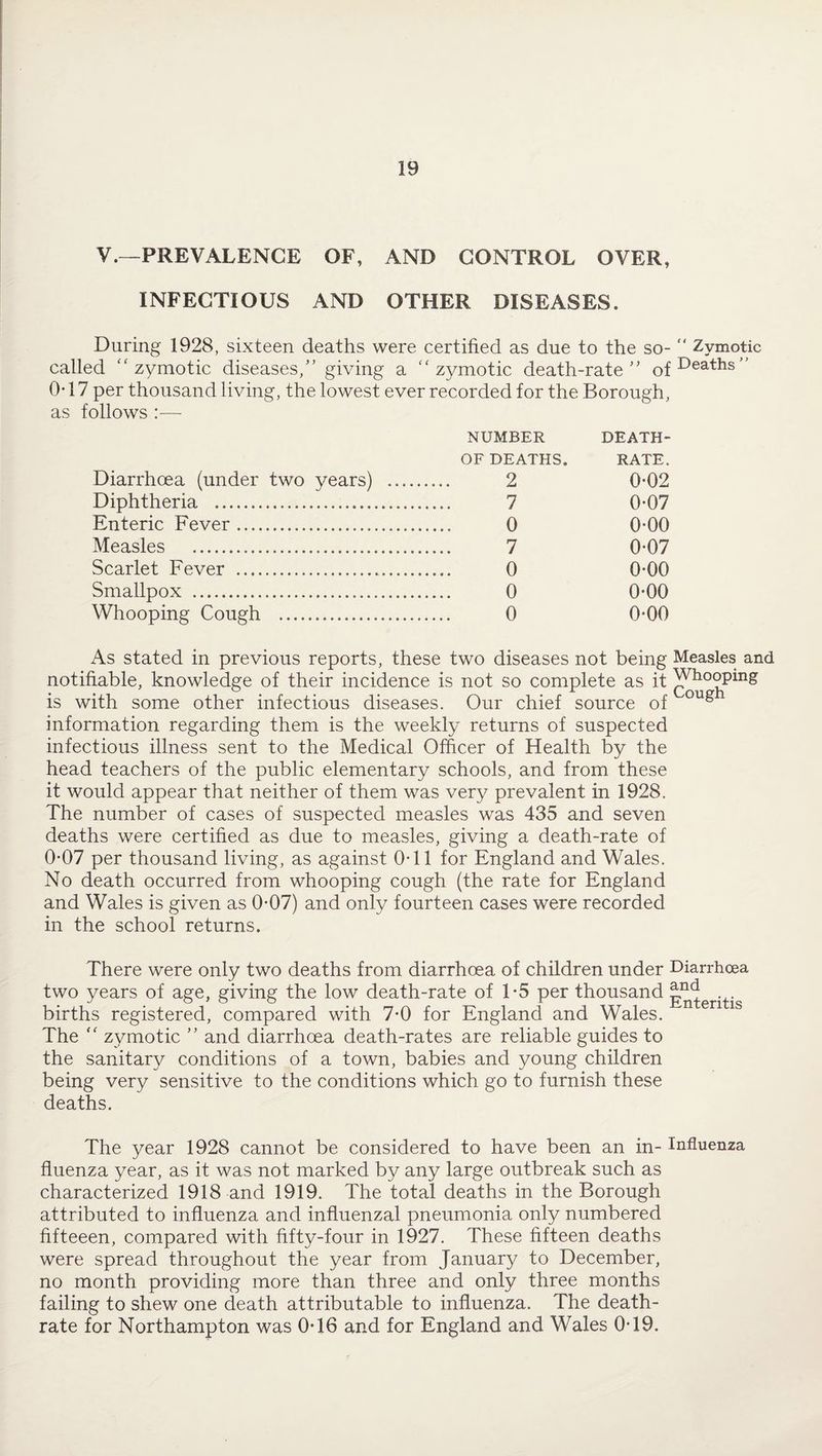 V.—PREVALENCE OF, AND CONTROL OVER, INFECTIOUS AND OTHER DISEASES. During 1928, sixteen deaths were certified as due to the so- “ Zymotic called “zymotic diseases,” giving a “zymotic death-rate” Qf Deaths” 0*17 per thousand living, the lowest ever recorded for the Borough, as follows :— NUMBER DEATH- OF DEATHS. RATE. Diarrhoea (under two years) . 2 0-02 Diphtheria . 7 0-07 Enteric Fever. 0 0-00 Measles . 7 0-07 Scarlet Fever . 0 0-00 Smallpox . 0 0-00 Whooping Cough . 0 0-00 As stated in previous reports, these two diseases not being Measles and notifiable, knowledge of their incidence is not so complete as it Whooping is with some other infectious diseases. Our chief source of oug information regarding them is the weekly returns of suspected infectious illness sent to the Medical Officer of Health by the head teachers of the public elementary schools, and from these it would appear that neither of them was very prevalent in 1928. The number of cases of suspected measles was 435 and seven deaths were certified as due to measles, giving a death-rate of 0-07 per thousand living, as against 0-11 for England and Wales. No death occurred from whooping cough (the rate for England and Wales is given as 0-07) and only fourteen cases were recorded in the school returns. There were only two deaths from diarrhoea of children under Diarrhoea two years of age, giving the low death-rate of T5 per thousand an<J births registered, compared with 7-0 for England and Wales. n en ls The “ zymotic ” and diarrhoea death-rates are reliable guides to the sanitary conditions of a town, babies and young children being very sensitive to the conditions which go to furnish these deaths. The year 1928 cannot be considered to have been an in- Influenza fluenza year, as it was not marked by any large outbreak such as characterized 1918 and 1919. The total deaths in the Borough attributed to influenza and influenzal pneumonia only numbered fifteeen, compared with fifty-four in 1927. These fifteen deaths were spread throughout the year from January to December, no month providing more than three and only three months failing to shew one death attributable to influenza. The death- rate for Northampton was 0*16 and for England and Wales 0*19.