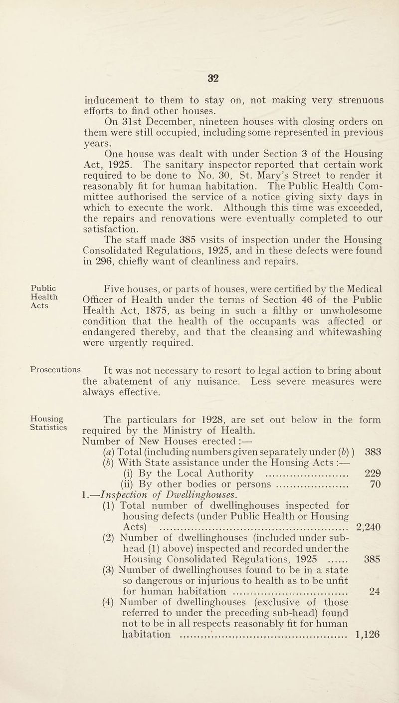 inducement to them to stay on, not making very strenuous efforts to find other houses. On 31st December, nineteen houses with closing orders on them were still occupied, including some represented in previous years. One house was dealt with under Section 3 of the Housing Act, 1925. The sanitary inspector reported that certain work required to be done to No. 30, St. Mary’s Street to render it reasonably fit for human habitation. The Public Health Com¬ mittee authorised the service of a notice giving sixty days in which to execute the work. Although this time was exceeded, the repairs and renovations were eventually completed to our satisfaction. The staff made 385 visits of inspection under the Housing Consolidated Regulations, 1925, and in these defects were found in 296, chiefly want of cleanliness and repairs. Five houses, or parts of houses, were certified by the Medical Officer of Health under the terms of Section 46 of the Public Health Act, 1875, as being in such a filthy or unwholesome condition that the health of the occupants was affected or endangered thereby, and that the cleansing and whitewashing were urgently required. Prosecutions It was not necessary to resort to legal action to bring about the abatement of any nuisance. Less severe measures were always effective. Housing The particulars for 1928, are set out below in the form Statistics required by the Ministry of Health. Number of New Houses erected :— (a) Total (including numbers given separately under (b)) 383 (b) With State assistance under the Housing Acts :— (i) By the Local Authority . 229 (ii) By other bodies or persons ... 70 1.—Inspection of Dwellinghouses. (1) Total number of dwellinghouses inspected for housing defects (under Public Health or Housing Acts) .. 2,240 (2) Number of dwellinghouses (included under sub¬ head (1) above) inspected and recorded under the Housing Consolidated Regulations, 1925 . 385 (3) Number of dwellinghouses found to be in a state so dangerous or injurious to health as to be unfit for human habitation . 24 (4) Number of dwellinghouses (exclusive of those referred to under the preceding sub-head) found not to be in all respects reasonably fit for human habitation .,......... 1,126 Public Health Acts