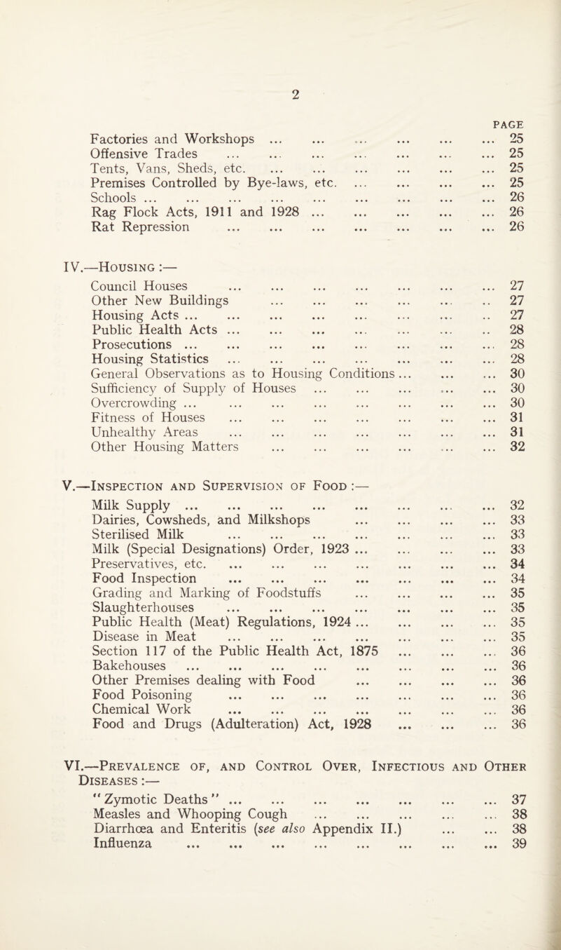 Factories and Workshops ... Offensive Trades Tents, Vans, Sheds, etc. Premises Controlled by Bye-laws, etc. Schools ... ... ... ... ... Rag Flock Acts, 1911 and 1928 ... Rat Repression PAGE . 25 . 25 . 25 . 25 . 26 . 26 . 26 IV.—Housing :— Council Houses Other New Buildings Housing Acts ... Public Health Acts ... Prosecutions ... Housing Statistics . General Observations as to Housing Conditions Sufficiency of Supply of Houses Overcrowding ... Fitness of Houses Unhealthy Areas Other Housing Matters ... 27 .. 27 .. 27 .. 28 ... 28 ... 28 ... 30 ... 30 ... 30 ... 31 ... 31 ... 32 V.—Inspection and Supervision of Food Milk Supply ... Dairies, Cowsheds, and Milkshops Sterilised Milk Milk (Special Designations) Order, 1923 .. Preservatives, etc. Food Inspection Grading and Marking of Foodstuffs Slaughterhouses Public Health (Meat) Regulations, 1924 .. Disease in Meat Section 117 of the Public Health Act, 1875 Bakehouses Other Premises dealing with Food Food Poisoning Chemical Work Food and Drugs (Adulteration) Act, 1928 32 33 33 33 34 34 35 35 35 35 36 36 36 36 36 36 VI.—Prevalence of, and Control Over, Infectious and Other Diseases :—  Zymotic Deaths ”.37 Measles and Whooping Cough . ... 38 Diarrhoea and Enteritis (see also Appendix II.) . 38 Influenza ••• ... ... ... ... ... ... 39