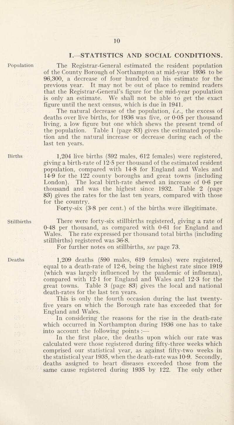 Population Births Stillbirths Deaths I.—STATISTICS AND SOCIAL CONDITIONS. The Registrar-General estimated the resident population of the County Borough of Northampton at mid-year 1936 to be 96,300, a decrease of four hundred on his estimate for the previous year. It may not be out of place to remind readers that the Registrar-General’s figure for the mid-year population is only an estimate. We shall not be able to get the exact figure until the next census, which is due in 1941. The natural decrease of the population, i.e., the excess of deaths over live births, for 1936 was five, or 0-05 per thousand living, a low figure but one which shews the present trend of the population. Table 1 (page 83) gives the estimated popula¬ tion and the natural increase or decrease during each of the last ten years. 1,204 live births (592 males, 612 females) were registered, giving a birth-rate of 12*5 per thousand of the estimated resident population, compared with 14*8 for England and Wales and 14*9 for the 122 county boroughs and great towns (including London). The local birth-rate shewed an increase of 0-6 per thousand and was the highest since 1932. Table 2 (page 83) gives the rates for the last ten years, compared with those for the country. Forty-six (3-8 per cent.) of the births were illegitimate. There were forty-six stillbirths registered, giving a rate of 0-48 per thousand, as compared with 0-61 for England and Wales. The rate expressed per thousand total births (including stillbirths) registered was 36-8. For further notes on stillbirths, see page 73. 1,209 deaths (590 males, 619 females) were registered, equal to a death-rate of 12-6, being the highest rate since 1919 (which was largely influenced by the pandemic of influenza), compared with 12*1 for England and Wales and 12*3 for the great towns. Table 3 (page 83) gives the local and national death-rates for the last ten years. This is only the fourth occasion during the last twenty- five years on which the Borough rate has exceeded that for England and Wales. In considering the reasons for the rise in the death-rate which occurred in Northampton during 1936 one has to take into account the following points :— In the first place, the deaths upon which our rate was calculated were those registered during fifty-three weeks which comprised our statistical year, as against fifty-two weeks in the statistical year 1935, when the death-rate was 10*9. Secondly, deaths assigned to heart diseases exceeded those from the same cause registered during 1935 by 122. The only other