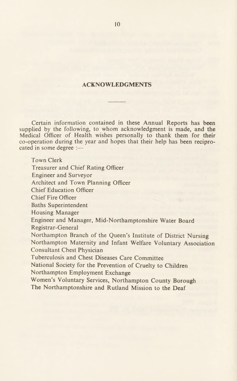 ACKNOWLEDGMENTS Certain information contained in these Annual Reports has been supplied by the following, to whom acknowledgment is made, and the Medical Officer of Health wishes personally to thank them for their co-operation during the year and hopes that their help has been recipro¬ cated in some degree :— Town Clerk Treasurer and Chief Rating Officer Engineer and Surveyor Architect and Town Planning Officer Chief Education Officer Chief Fire Officer Baths Superintendent Housing Manager Engineer and Manager, Mid-Northamptonshire Water Board Registrar-General Northampton Branch of the Queen’s Institute of District Nursing Northampton Maternity and Infant Welfare Voluntary Association Consultant Chest Physician Tuberculosis and Chest Diseases Care Committee National Society for the Prevention of Cruelty to Children Northampton Employment Exchange Women’s Voluntary Services, Northampton County Borough The Northamptonshire and Rutland Mission to the Deaf